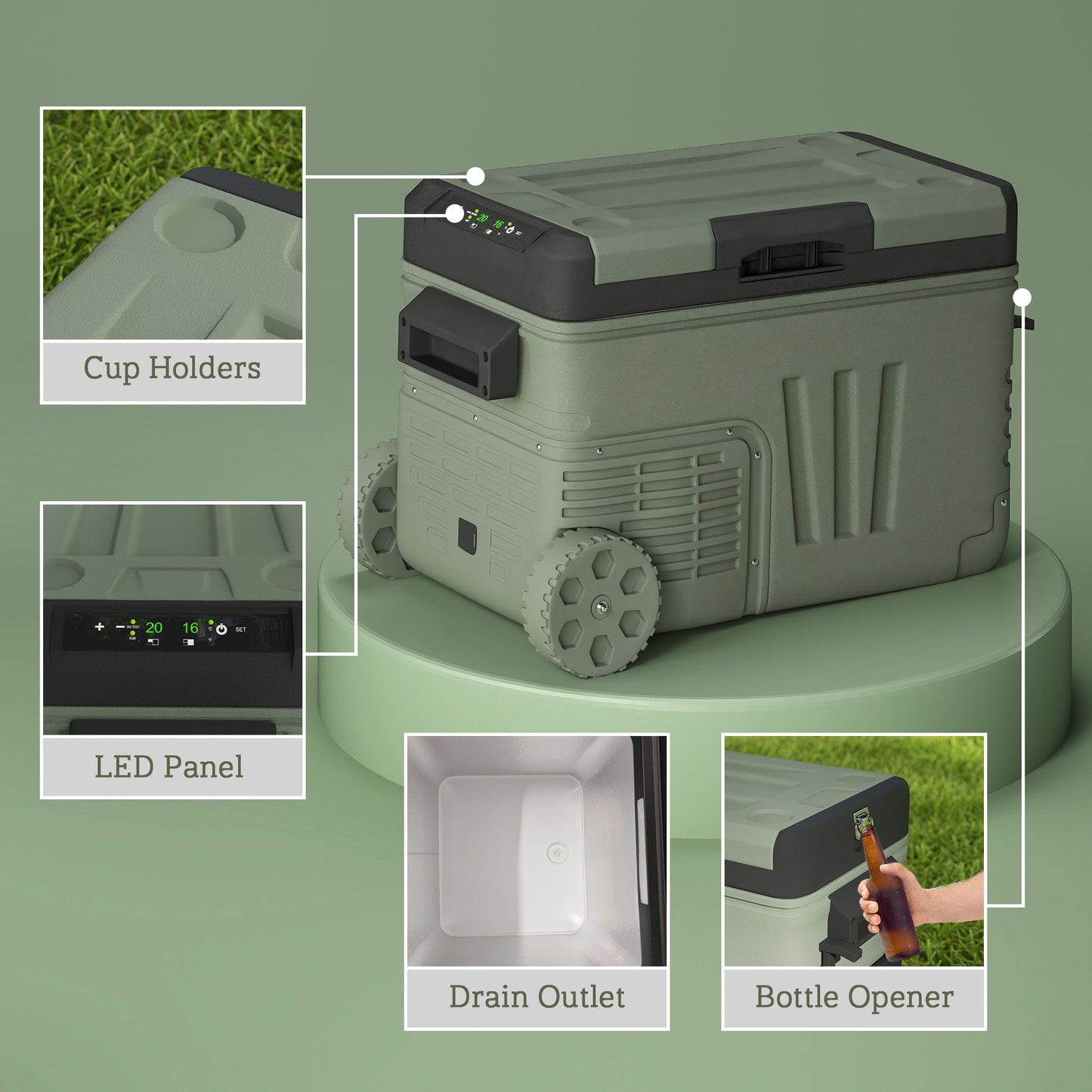 Outsunny 33L Car Fridge Freezer Dual Zone, Portable Camping Fridge 12V/24V DC & 100-240V AC, Electric Cool Box -20â„ƒ-20â„ƒ with Wheels and LED Light, for Travel, RV, Road Trip, Picnic [Energy Class E]