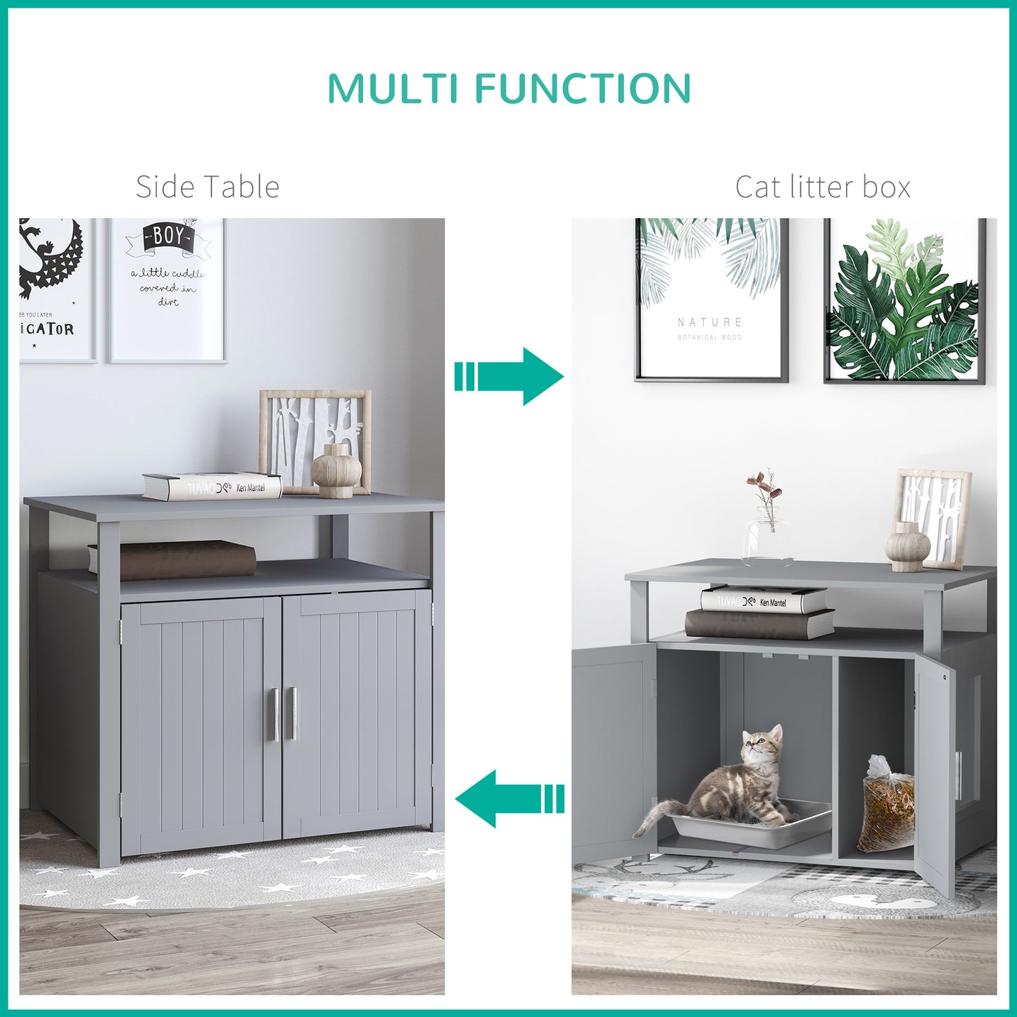 PawHut Wooden Cat Litter Box Enclosure Furniture with Adjustable Interior Wall & Large Tabletop for Nightstand, Grey