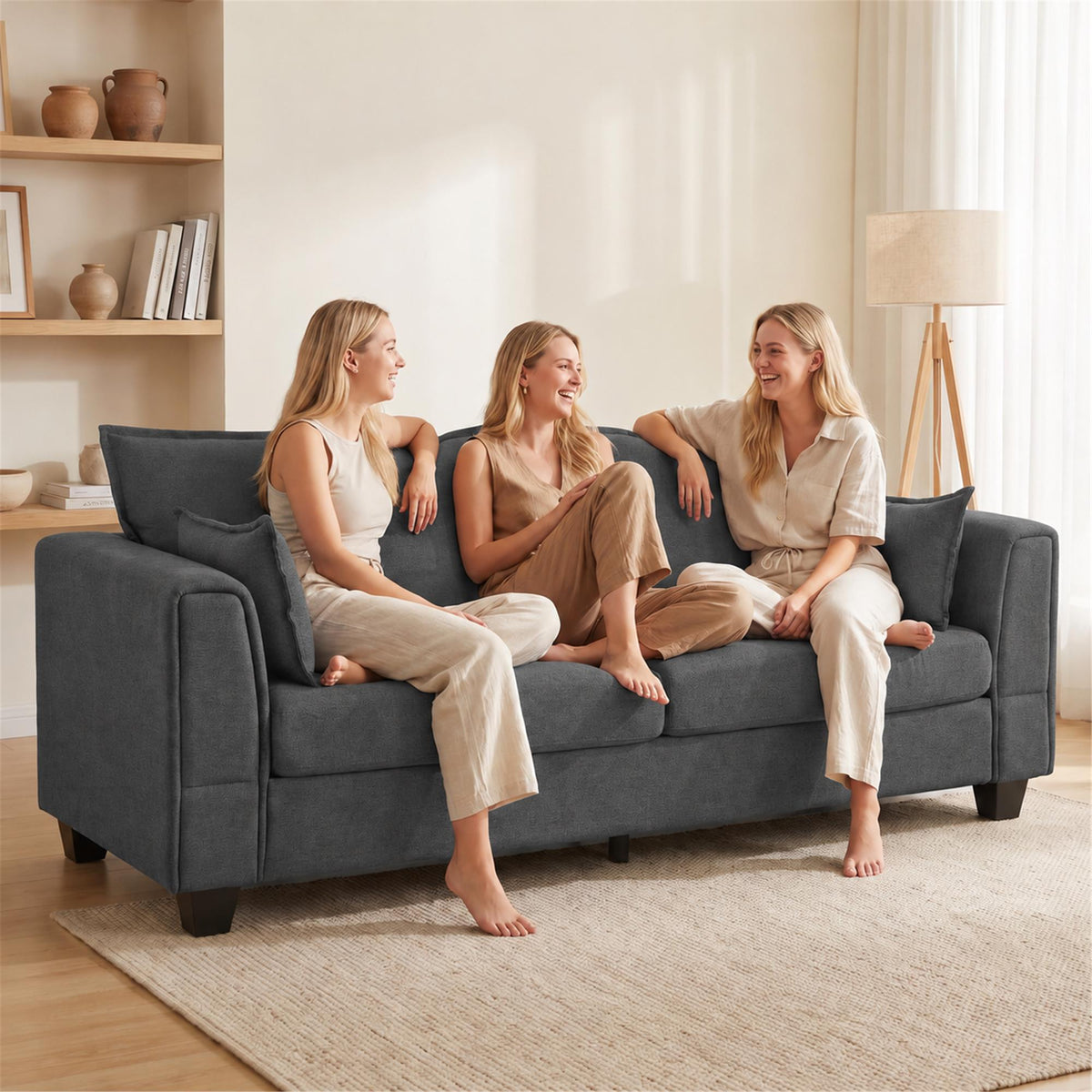 HOMCOM 3 Seater Sofa, Linen Upholstered Sofa Couch with Spring Cushions, Thick Padding, Wide Padded Armrests, Dark Grey