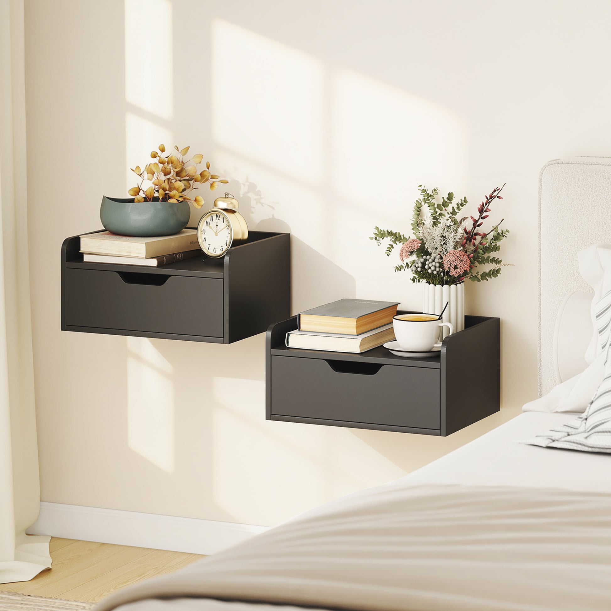 HOMCOM Floating Nightstands Set of 2, Wall Mounted Bedside Table with Drawer for Bedroom, Black