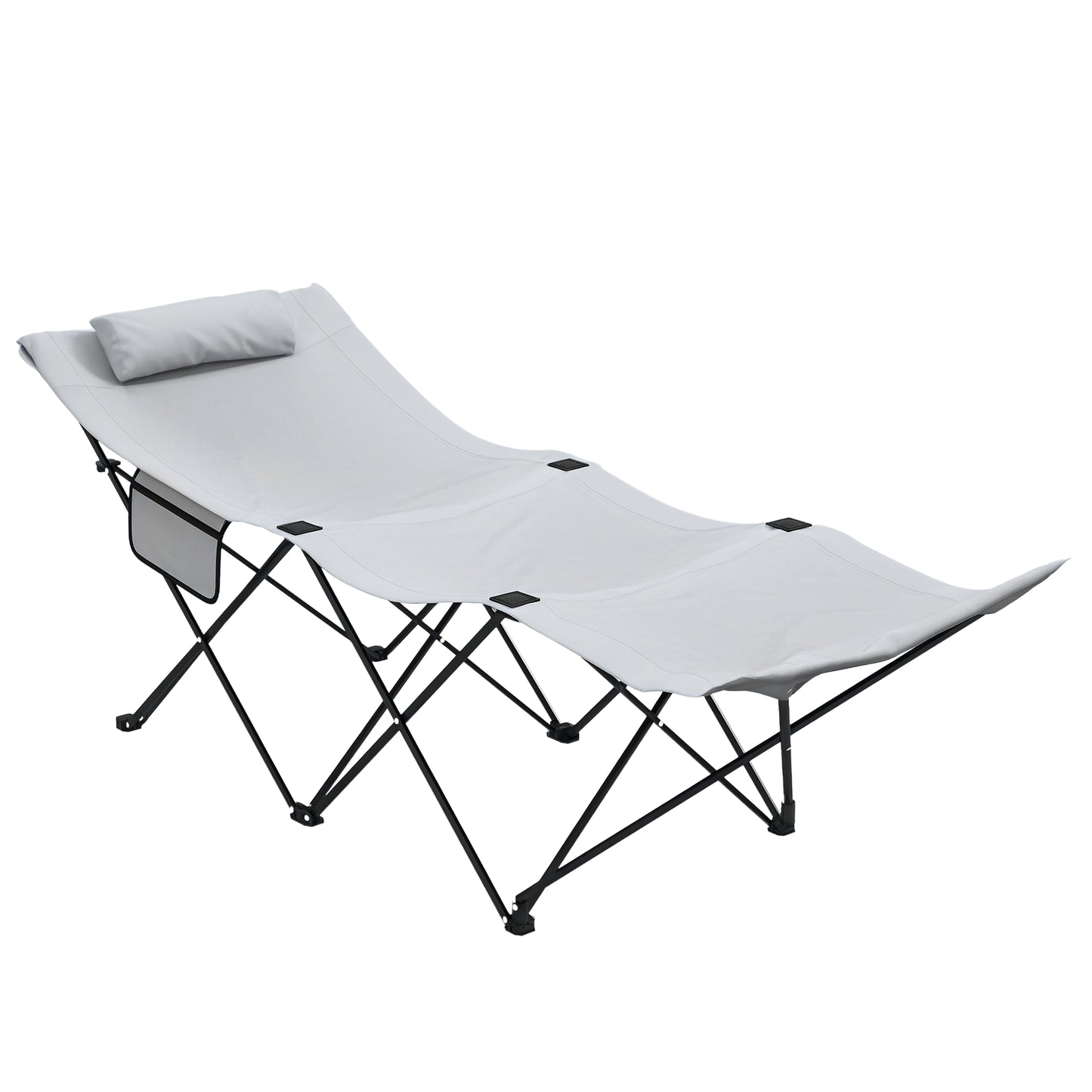 Outsunny Camping Bed for Adults, Single Folding Camp Bed, Portable Camping Cot with Side Pocket, Headrest and Oxford Seat for Outdoor, Travel, Fishing, Light Grey