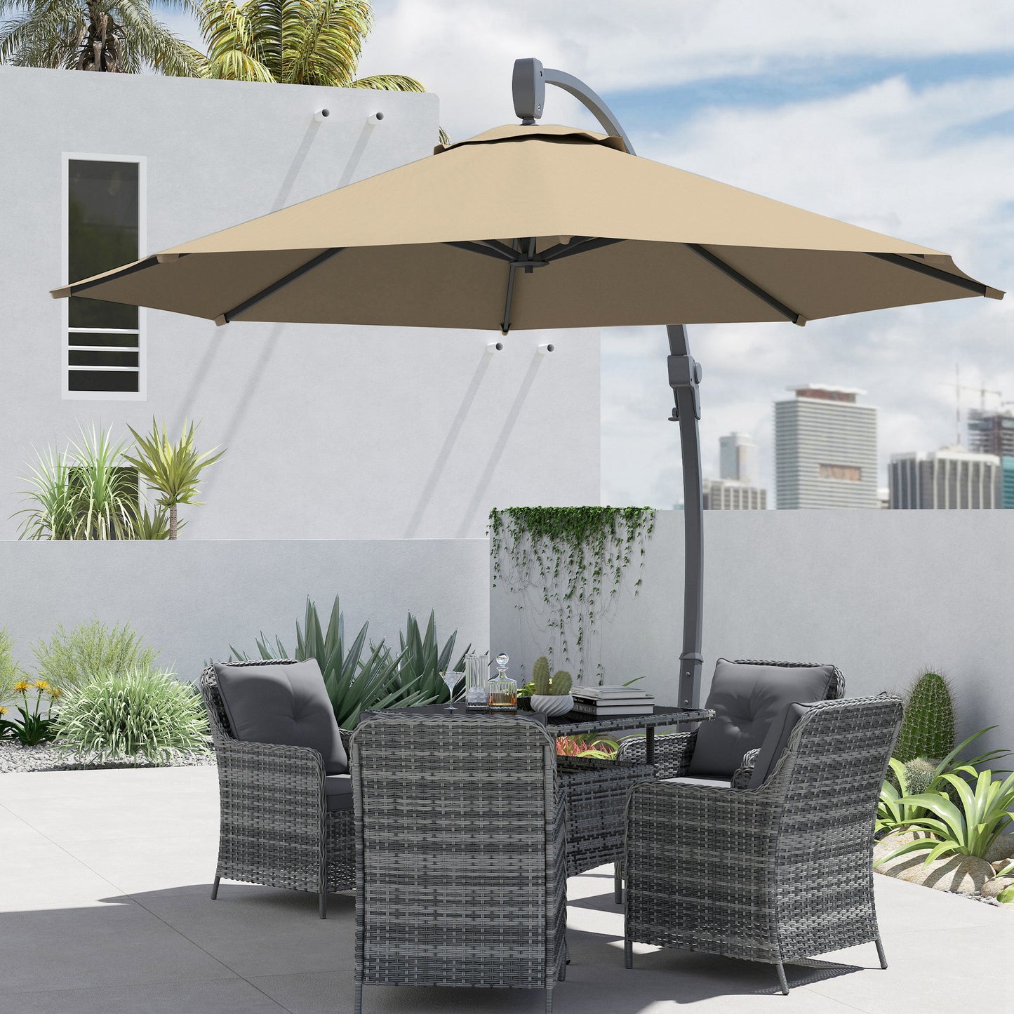 Outsunny 3(m) Garden Cantilever Parasol, Round Overhanging Umbrella with Crank Handle, Cross Base, Aluminium Frame and 360Â° Rotation, Banana Patio Umbrella for Outdoor Sun Shade, Khaki