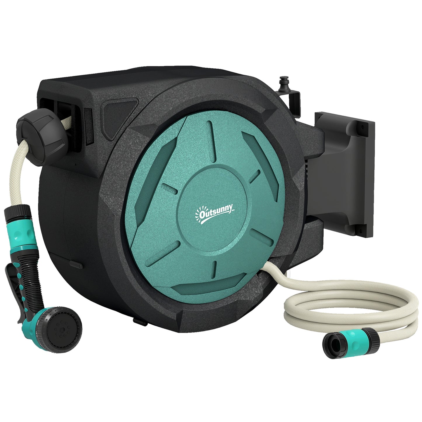 Outsunny Retractable Hose Reel Wall Mounted, 20+2m Garden Hose Pipe Reel with Lock, Auto Rewind, 7 in 1 Spray Nozzle, Includes Wall Fixings, 180Â° Swivel, Outdoor Watering, 54 x 20 x 39 cm, Black
