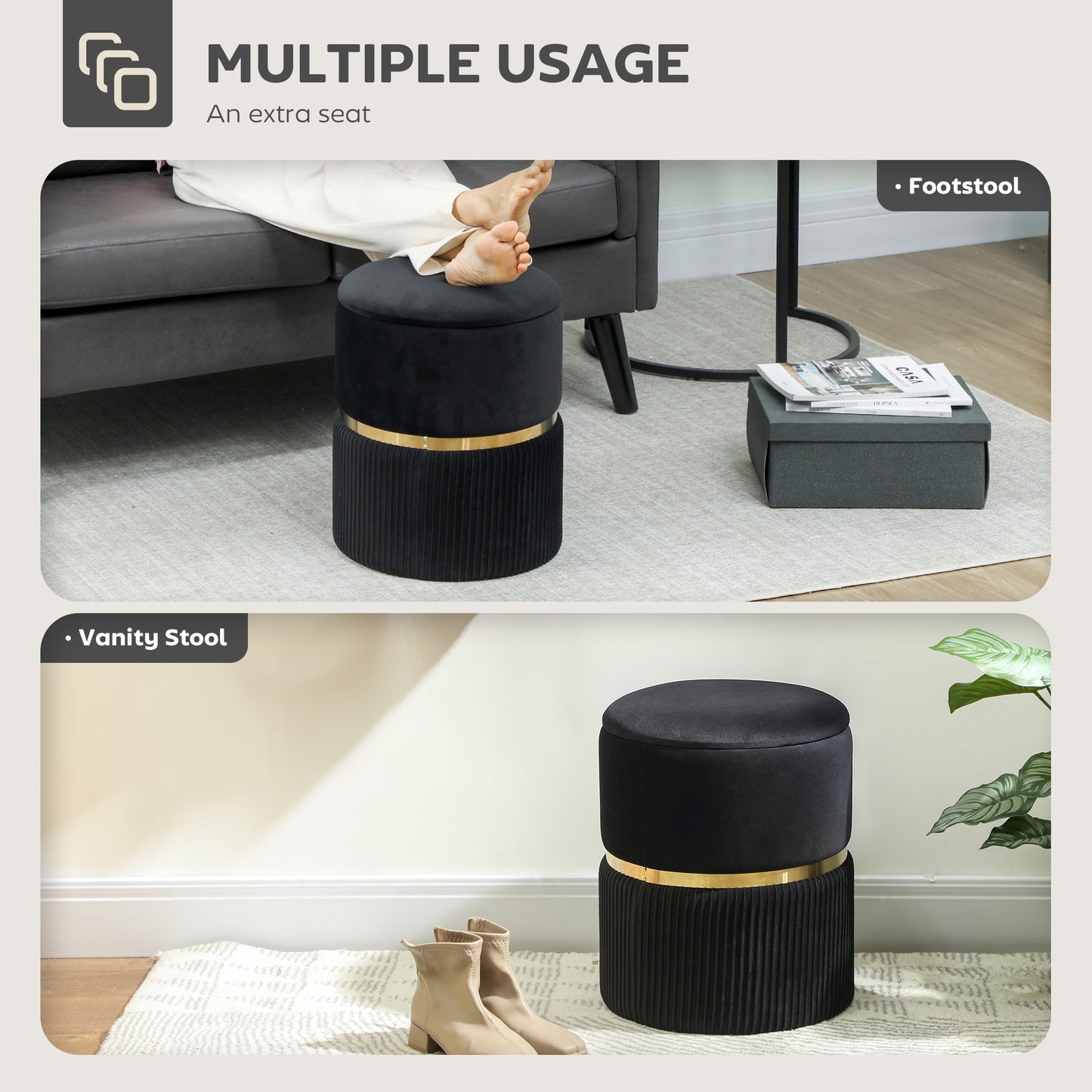 HOMCOM Velvet-Feel Storage Ottoman - Black