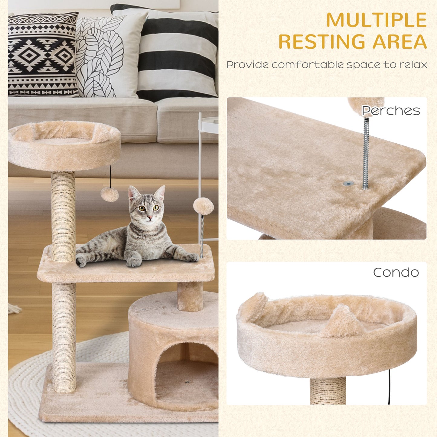 PawHut Cat Tree for Indoor Cats with Scratching Post Climbing Tower Kitty Activity Centre Condo Perch Jumping Platforms Beige 60L x 40W x 81H cm