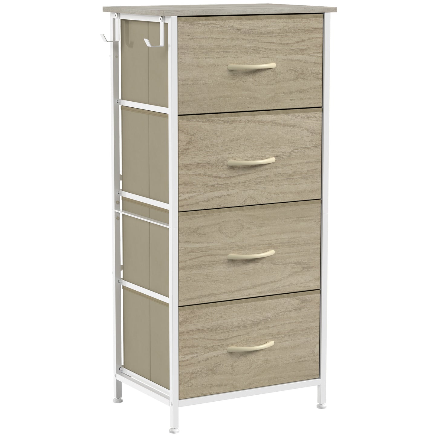 HOMCOM Chest of Drawers, Dresser with 4 Fabric Drawers, Tall Storage Unit with 4 Pockets and 2 Hooks, Steel Frame, Natural Wood