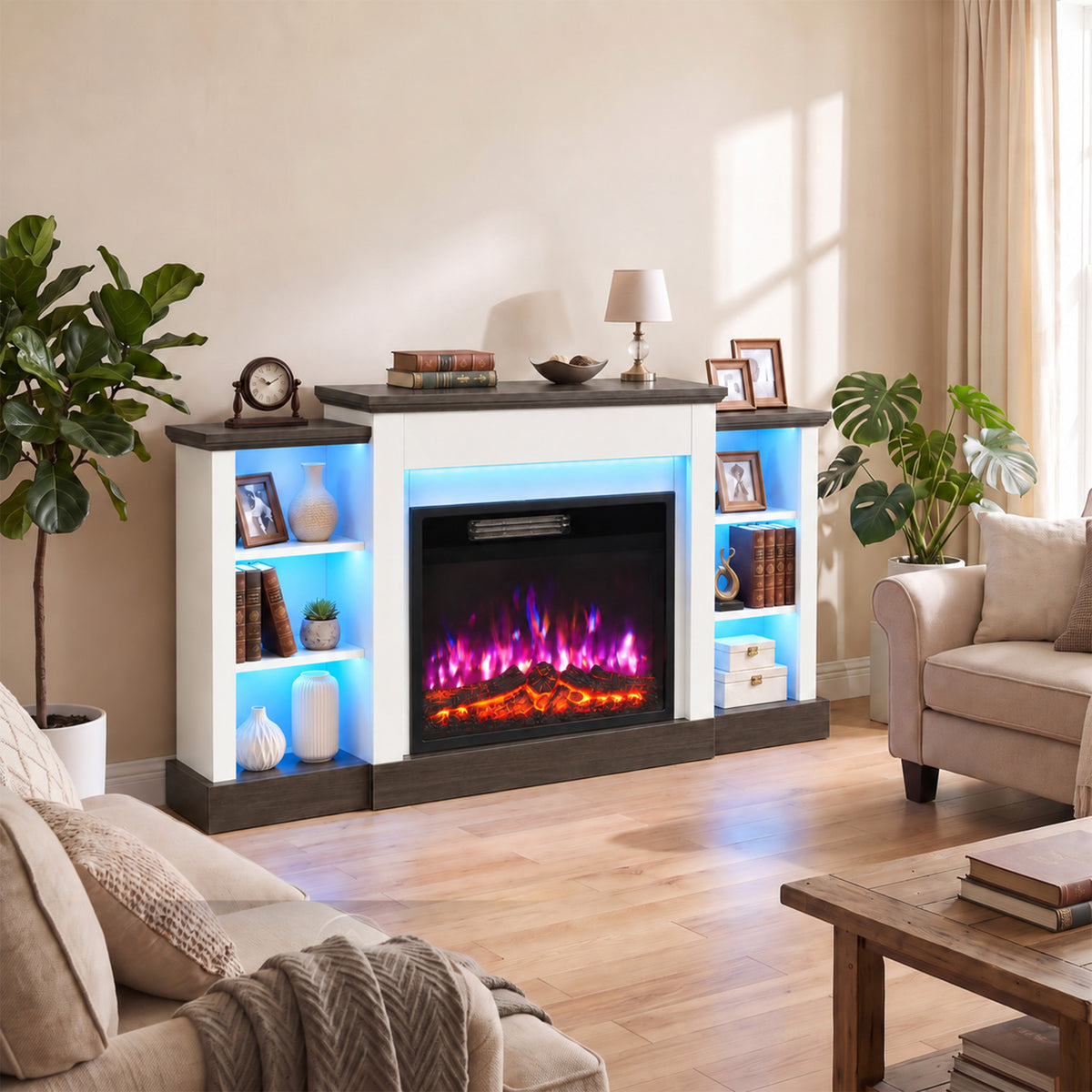 HOMCOM Electric Fireplace TV Stand 138cm, LED Strips, Adjustable Flame Effect, 6 Shelves, Entertainment Center Console Table