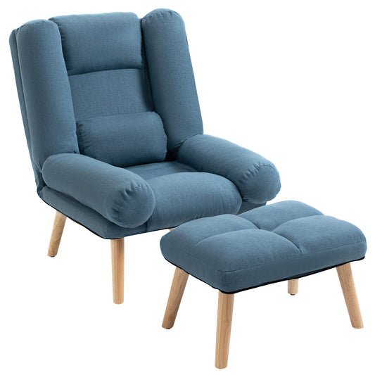 HOMCOM Armchair with Footstool, 180Â° Recliner with Ottoman, Accent Chair and Footstool with 3-Position Adjustable Backrest and Wooden Legs for Living Room, Blue