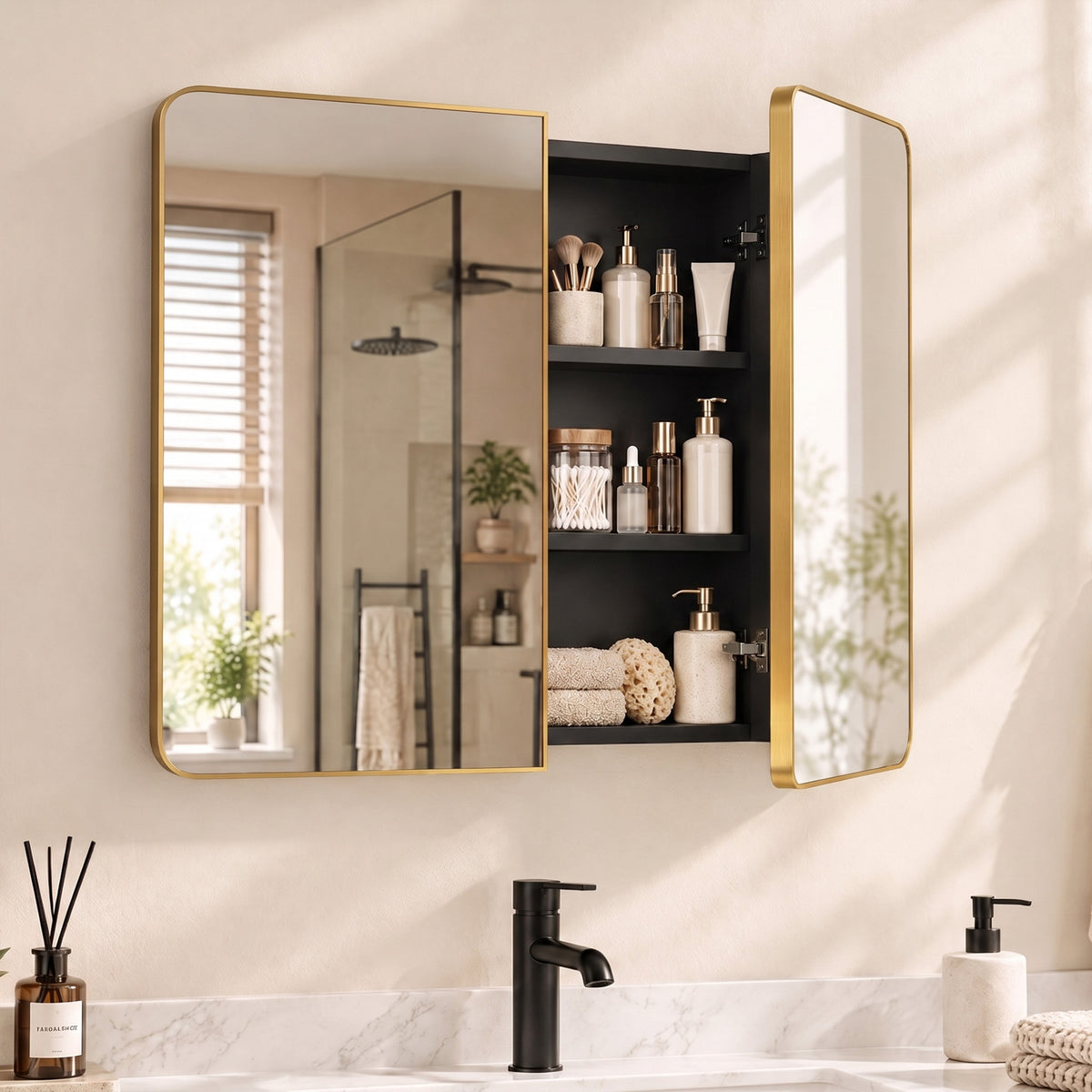HOMCOM 76.2 x 11.6 x 61 cm Bathroom Mirror Cabinet, Wall Cabinet with Adjustable Shelves, Wall-Mounted or Recessed, Gold Tone