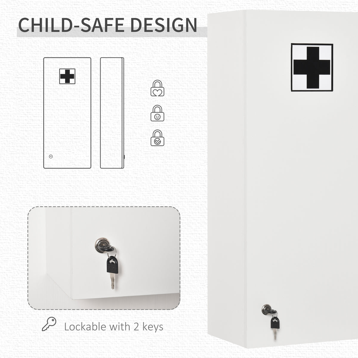 kleankin Wall Mounted Medicine Cabinet, First Aid Cabinet with Adjustable Shelves, Lockable with 2 Keys, White