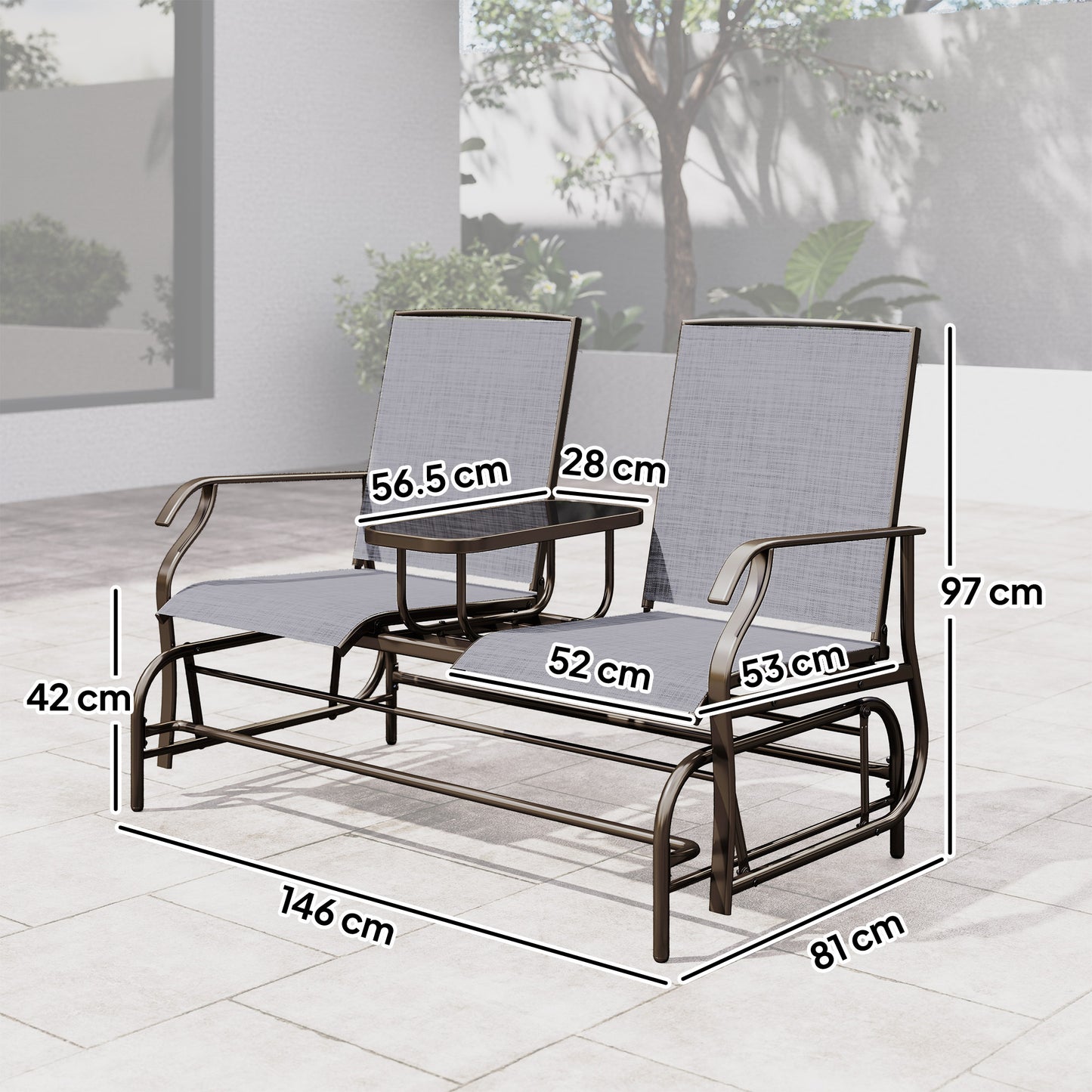 Outsunny 2 Seats Garden Glider Bench, Metal Frame Loveseat with Glass Top  Centre Table, Porch Rocking Glider for 2 Person, for Deck, Patio, Brown/ Grey