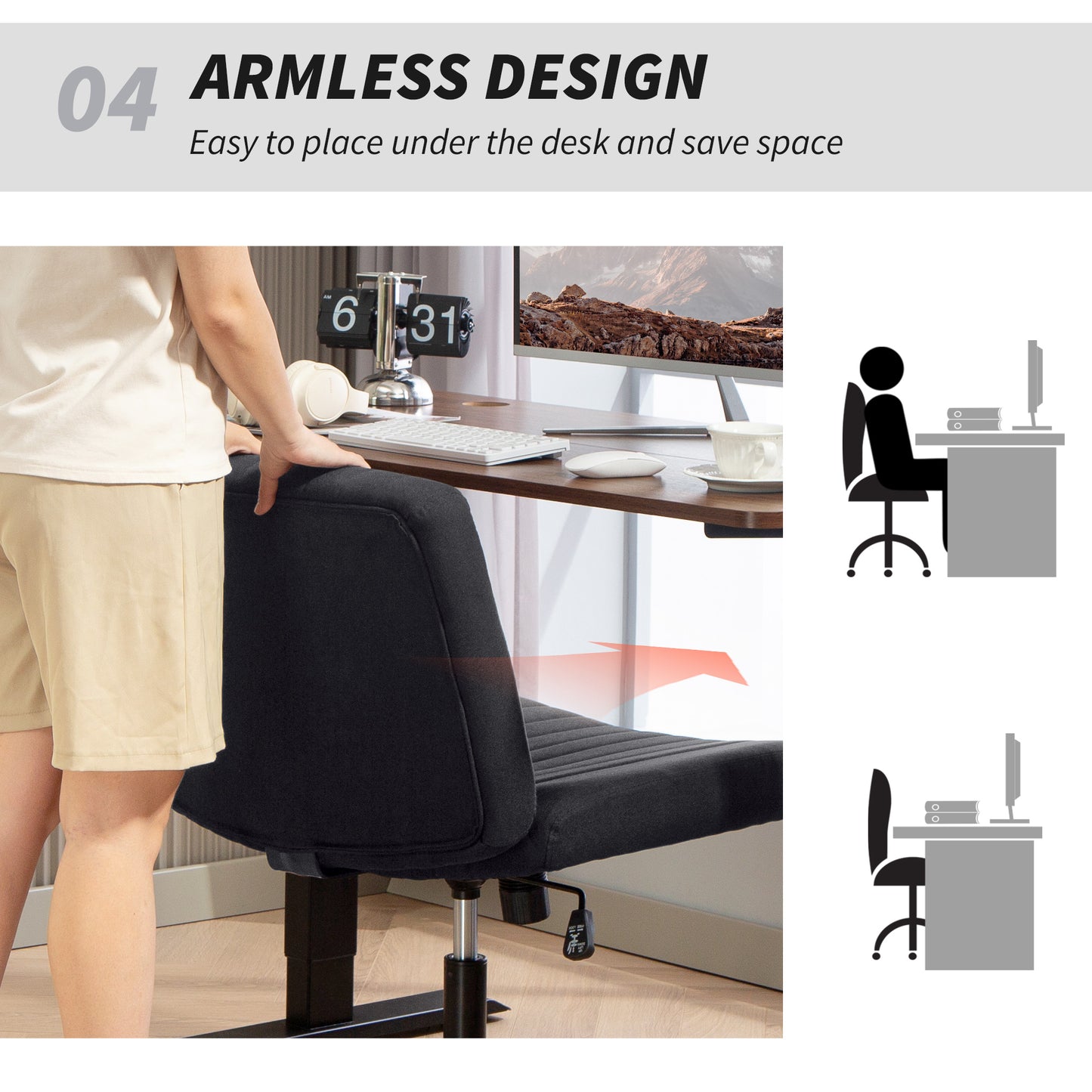 HOMCOM Armless Office Chair No Wheels, Linen Fabric Criss Cross Legged Desk Chair with Wide Seat, Thick Padding, Tilt Function, Height Adjustable Swivel Computer Seat for Home, Black
