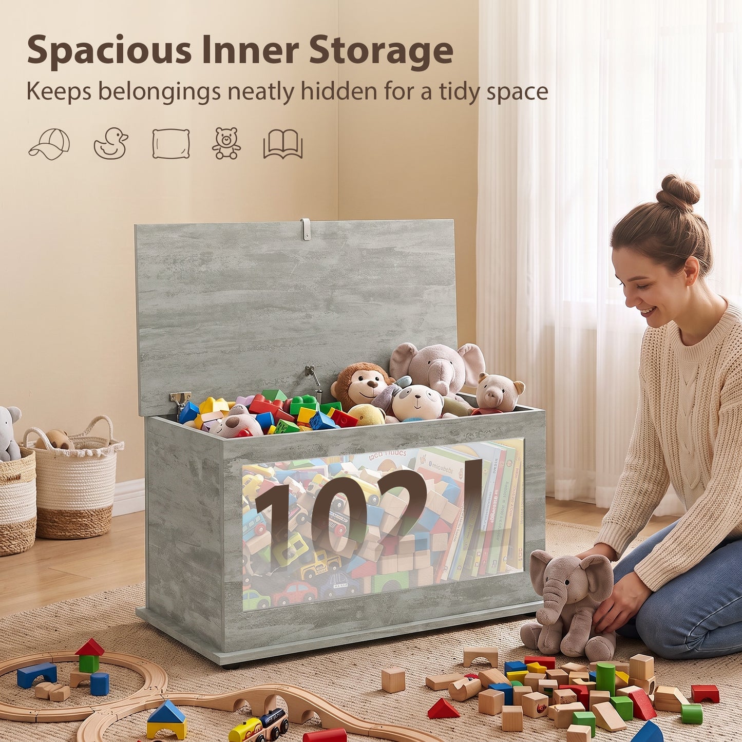 HOMCOM Storage Chest, 102L Blanket Box, Shoe Bench with Safety Hinged Lid, Bed End Bench for Bedroom, 80 x 40 x 45cm, Grey