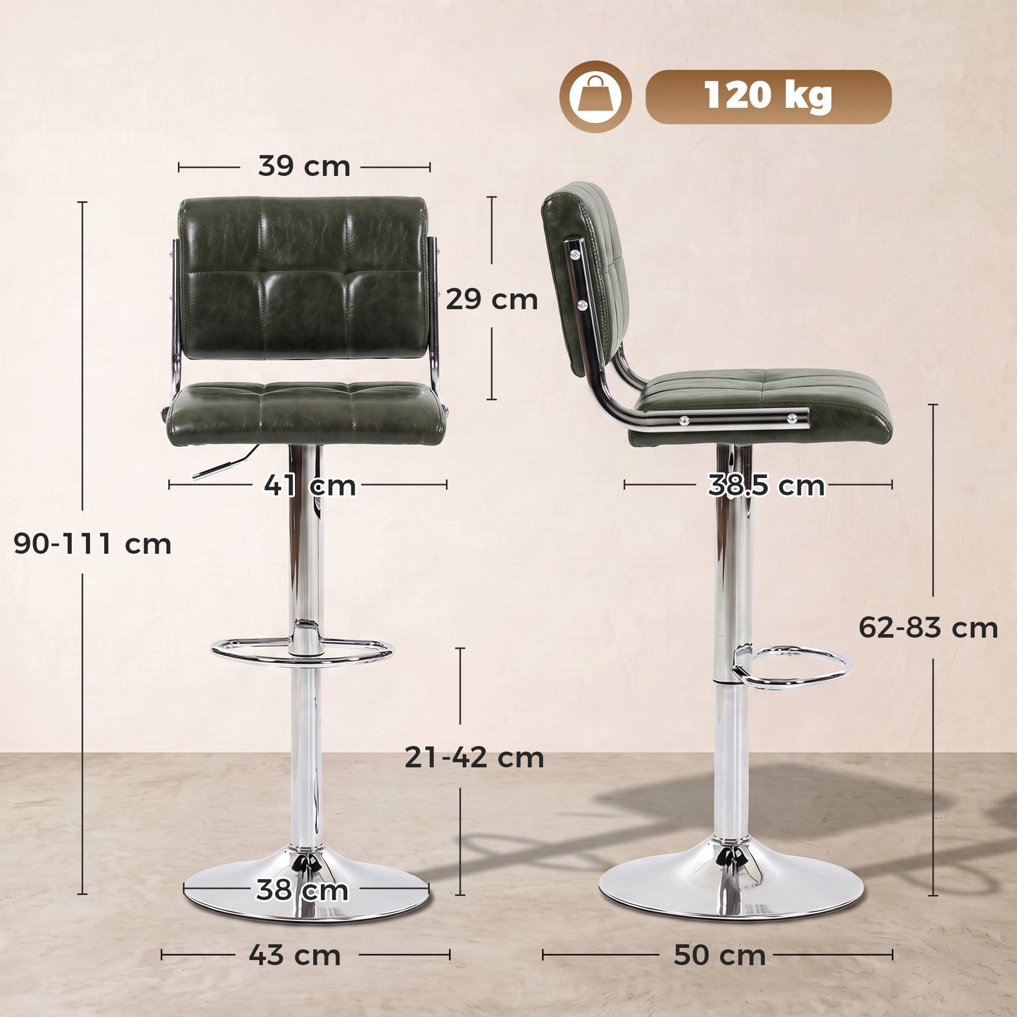 HOMCOM Bar Stools Modern PU Leather Adjustable Breakfast Bar Stools Backrest Set of 2 Green