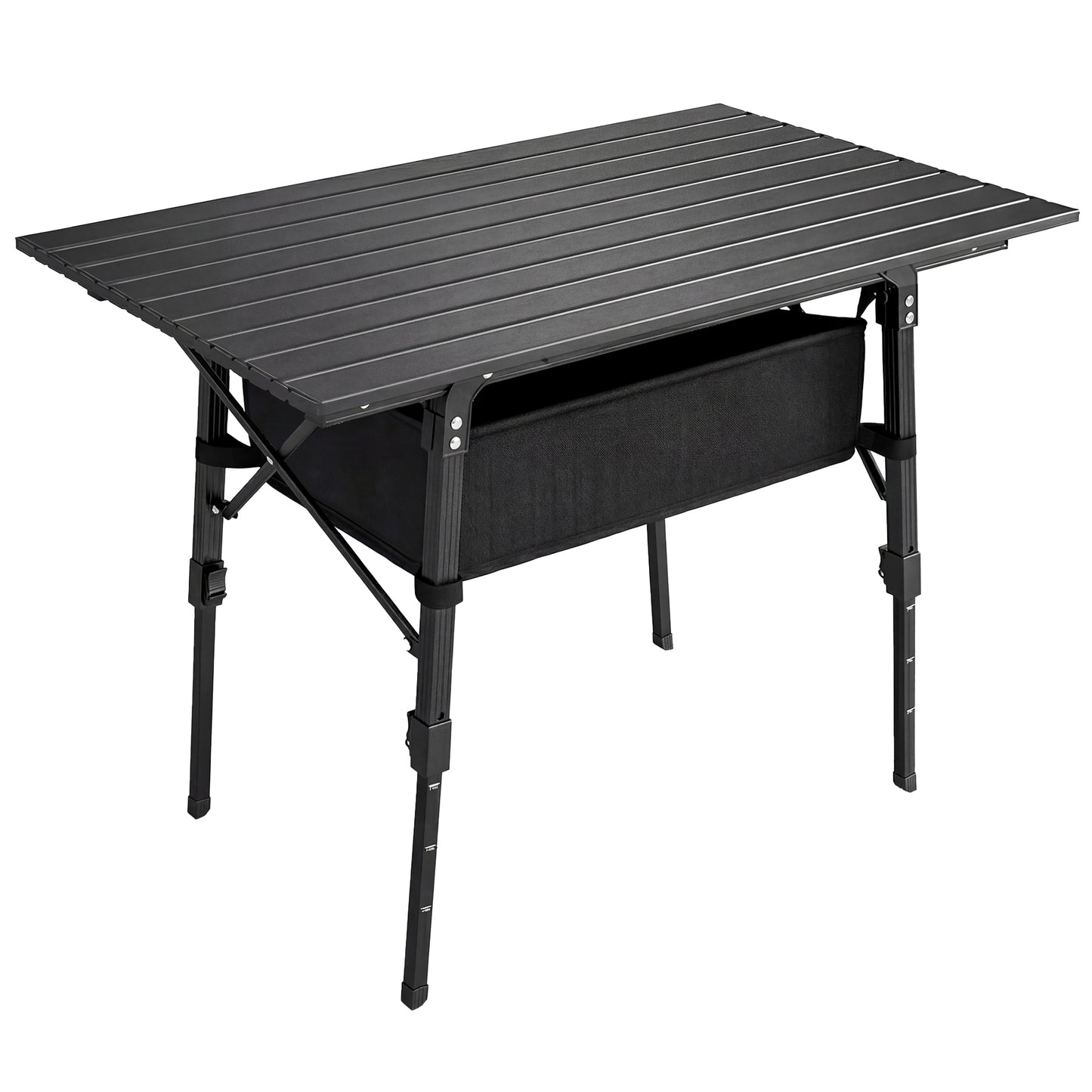 Outsunny Folding Camping Table, 90 x 55 cm Height Adjustable Portable Collapsible Table, 3ft Lightweight Aluminium Rollup Picnic Table with Storage Basket for Outdoor Garden Party BBQ, Black