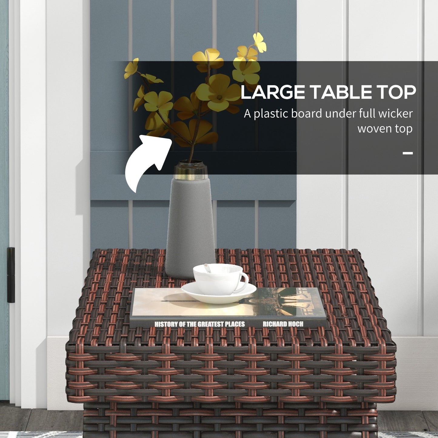 Outsunny Foldable Outdoor Side Table, Rattan Garden Coffee Table with Steel Frame, Space Saving Bistro Garden Furniture for Patio, Balcony, 60 x 41 x 41 cm, Brown