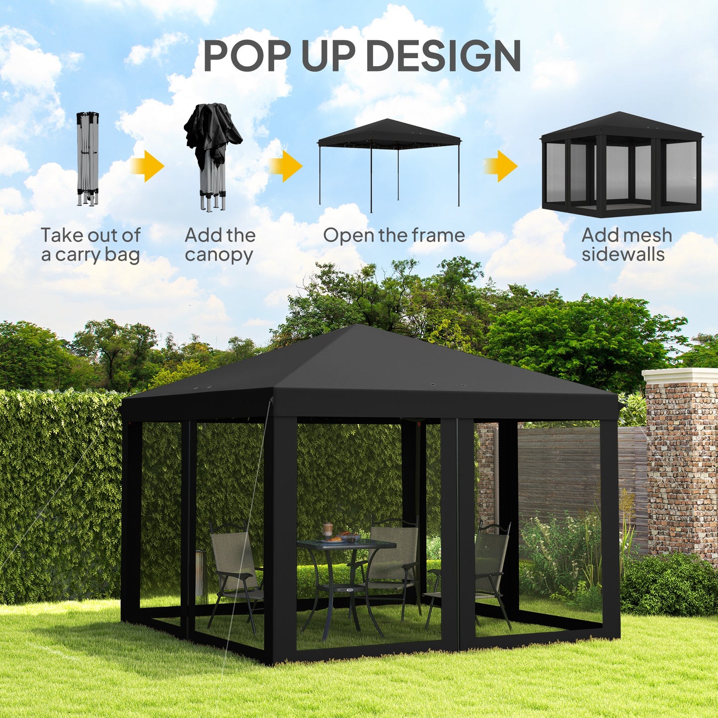 Outsunny 3 x 3Â m Pop Up Gazebo, 420D Garden Tent Canopy with Removable Mesh Sidewall Netting, Carry Bag for Garden Patio Outdoor, Black