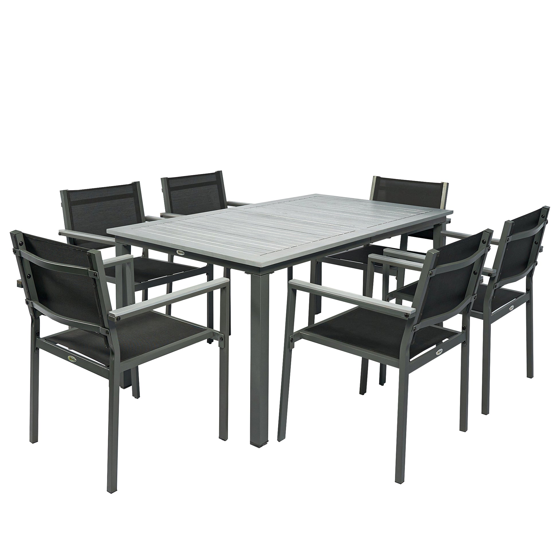 Outsunny Garden Dining Set with Acacia Wood Table Top, Outdoor Table and Stackable Chairs Set for 6 with Texteline Seat, Grey Default Title