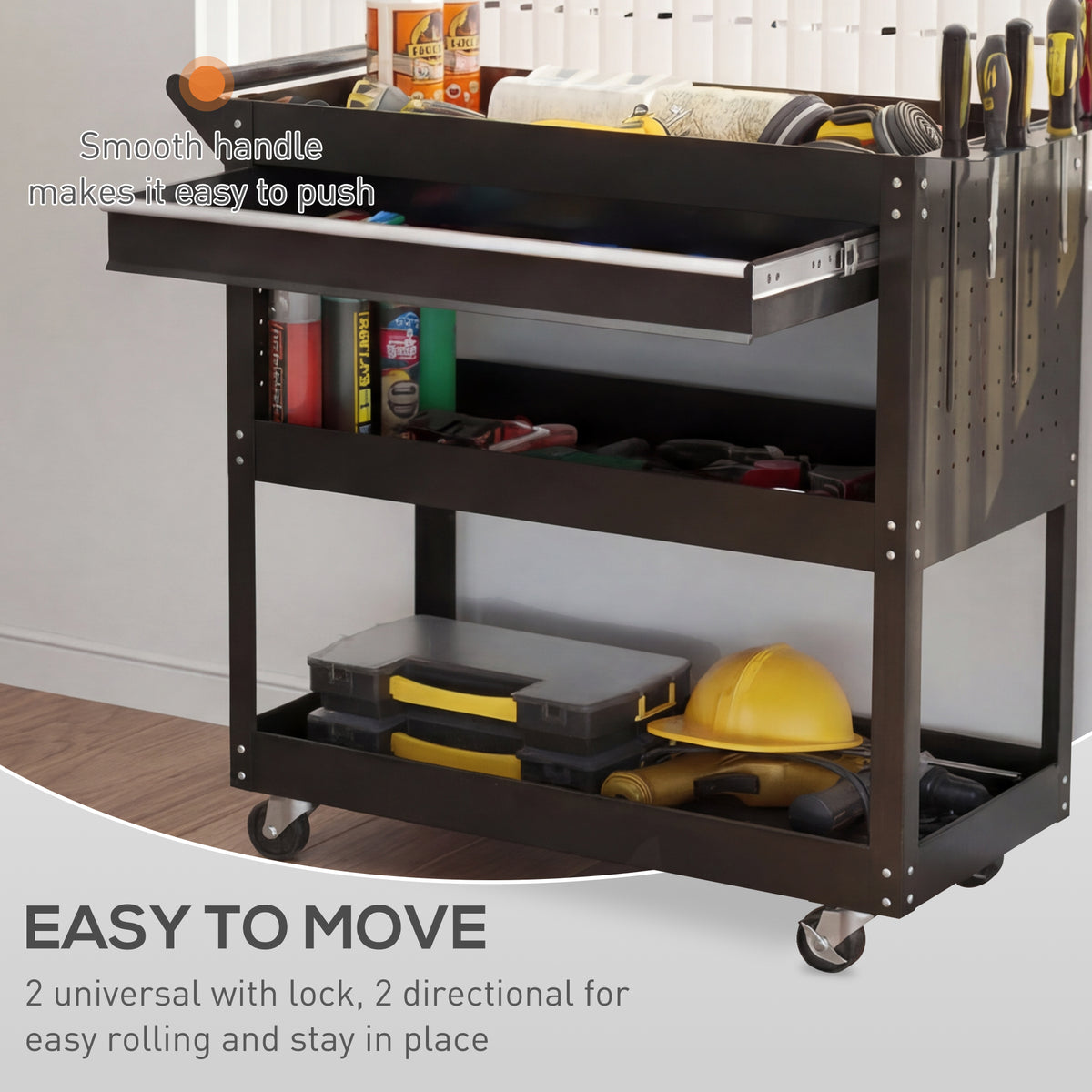 DURHAND 3-Tier Tool Trolley Cart Storage Shelf Roller Cabinet DIY Box Garage Workshop with Drawer Black