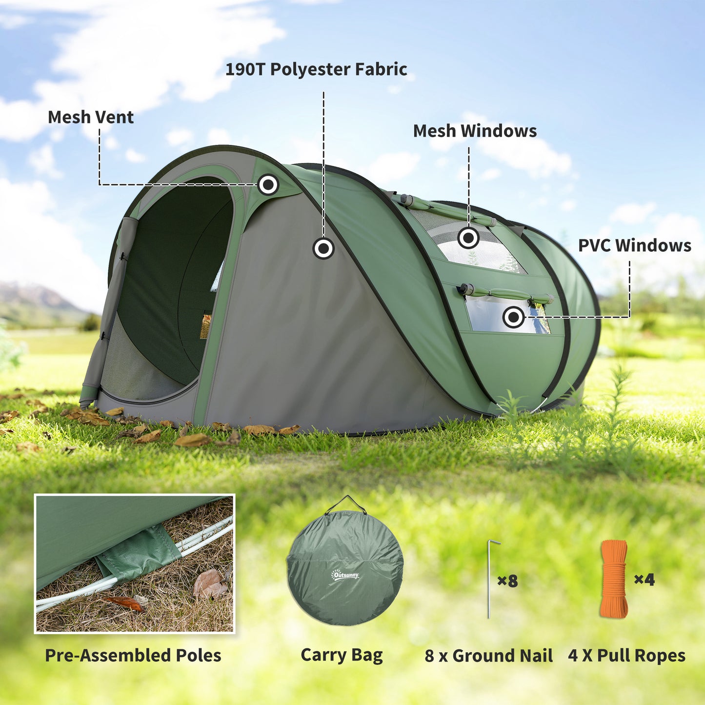 Outsunny 4 Person Pop-up Camping Tent Family Tent with Ground Sheet, 4 Windows and Portable Carry Bag for Beach Outdoor Trip, Dark Green