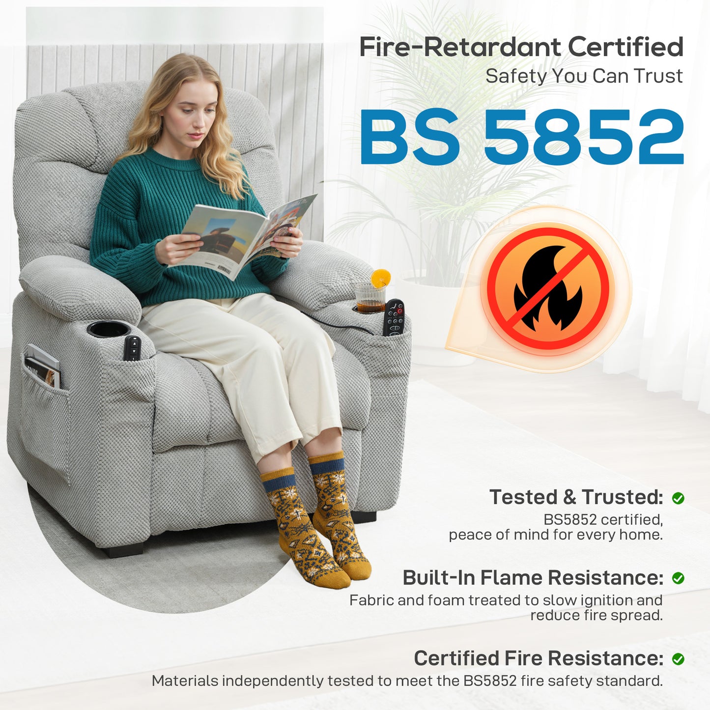 HOMCOM Electric Massage Recliner Armchair with Vibration, Heat, Whisper-Quiet Motor, Memory Function, Fleece Power Reclining Chair with Spring Pack, USB Port, Footrest, Side Pocket, Cup Holders, Grey
