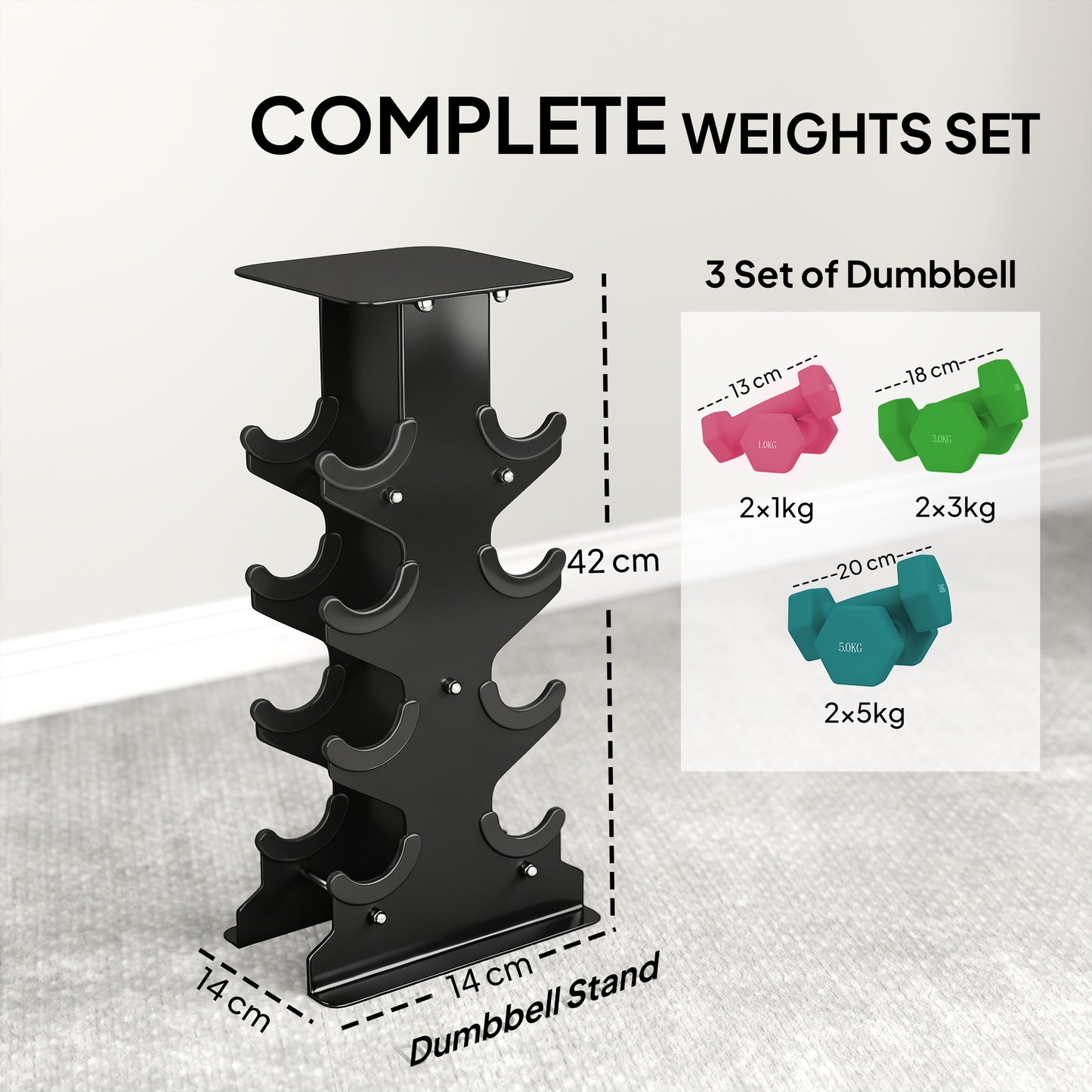 SPORTNOW Hex Dumbbells Set with Dumbbell Rack, Non Slip Hand Weights for Home Gym Strength Training, 2 x 1kg, 2 x 3kg, 2 x 5kg