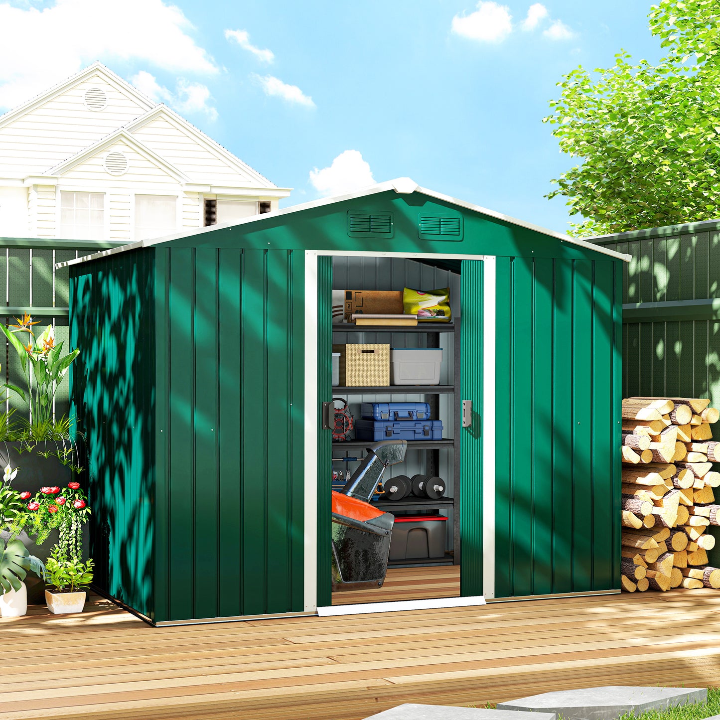 Outsunny Large Garden Storage Shed, 7.7 x 5.7 with Ventilation Slots and Sliding Doors for Gardeners, Green