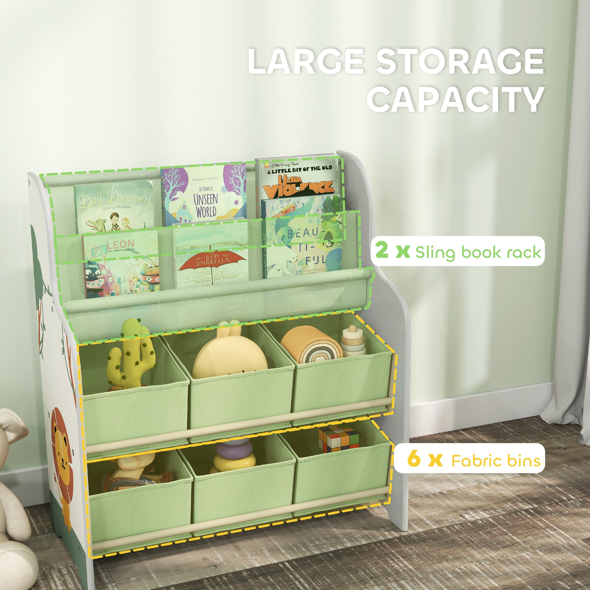 AIYAPLAY Kids Storage Unit, Toy Organiser with 6 Fabric Drawers and 2-Tier Sling Book Rack for Bedroom, Playroom, Nursery, Green