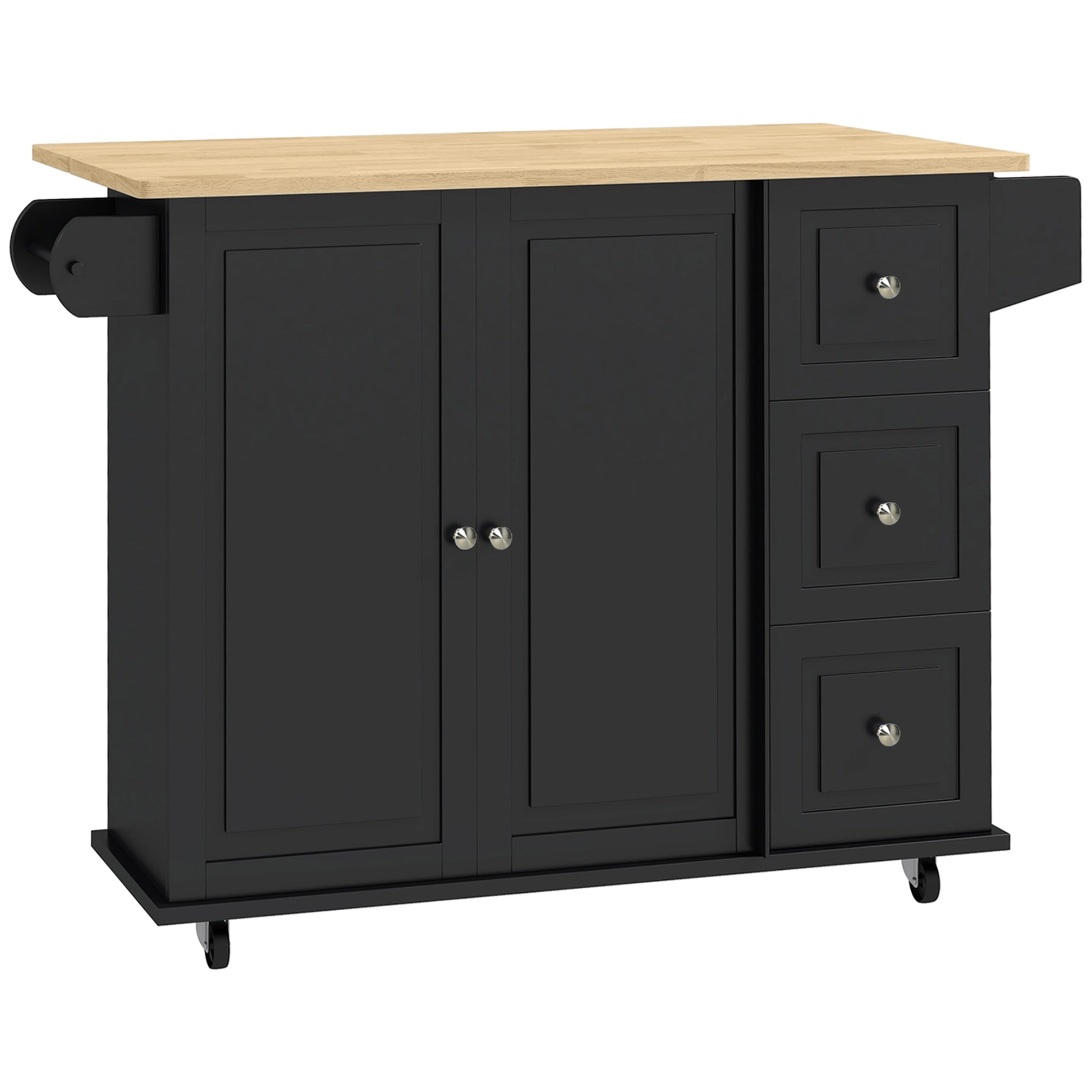 HOMCOM Kitchen Island with Drop Leaf, Rolling Kitchen Storage Trolley on Wheels with 3 Drawers, Black Default Title
