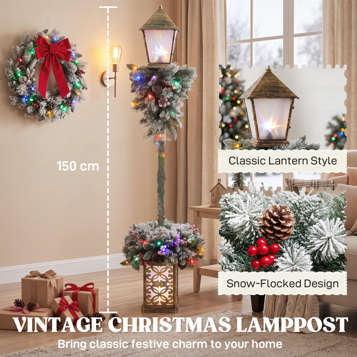 Outsunny Christmas Street Lamp, Outdoor Lighted Christmas Lamp Post with LED Lights, Snow Flocked Tips, Red Berries, Pine Cones