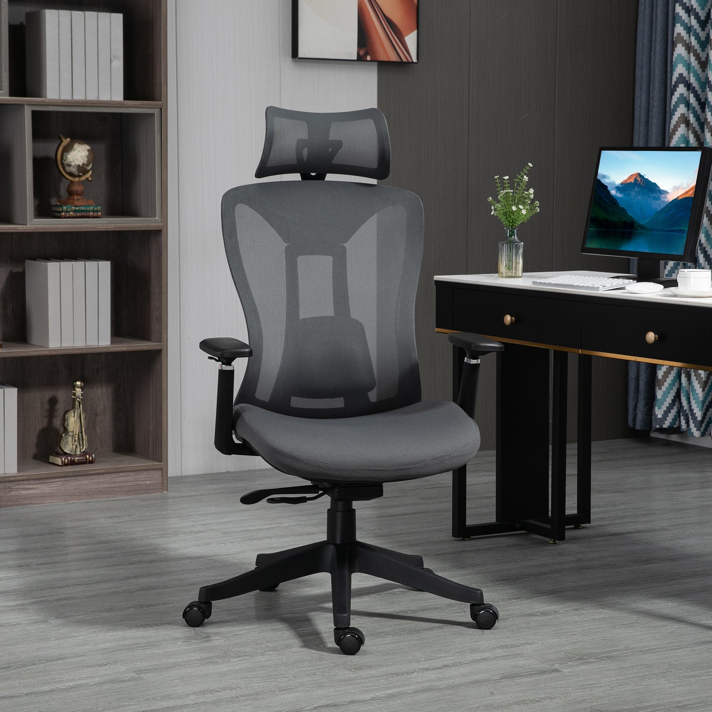 Vinsetto Mesh Office Chair, Ergonomic Desk Chair, Computer Chair with Adjustable Headrest and Lumbar Support, 135Â° Reclining Back and 3D Armrest for Home Office Study, Grey