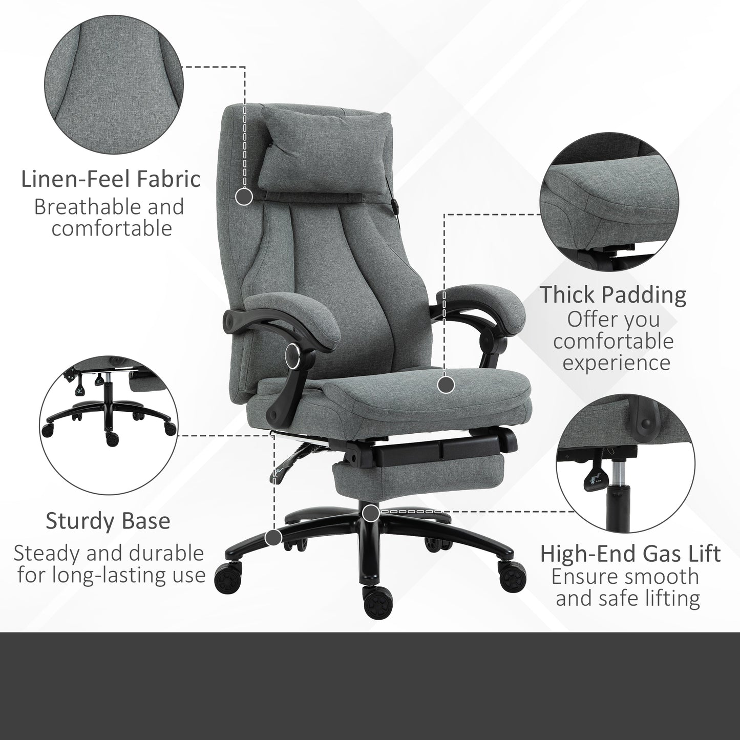 Vinsetto Office Chair, Fabric Desk Chair with Adjustable Massage Pillow, USB Power and Retractable Footrest, High Back, 360Â° Swivel, for Home, Grey