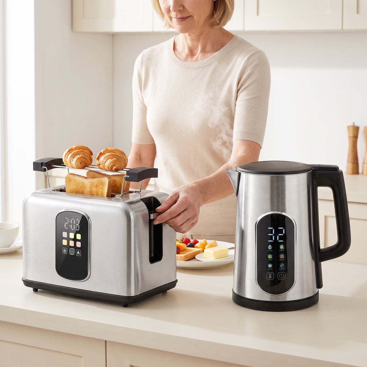 HOMCOM Kettle and Toaster Set with LED Touch Screen, Kettle with Strix Thermostat, 2 Slice Toaster w/ 6 Browning Levels, Silver