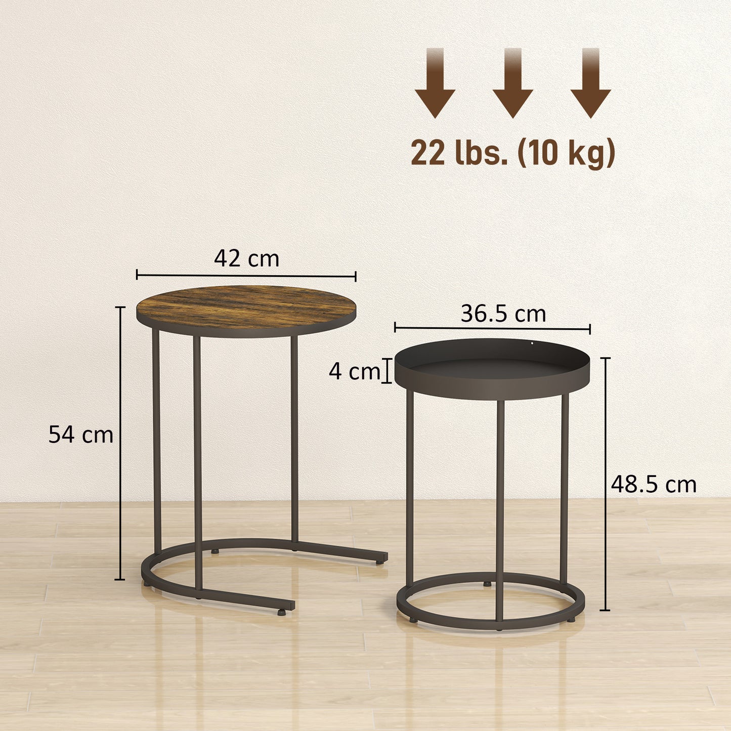 HOMCOM Round Nesting Side Table Set of 2 - Rustic Brown