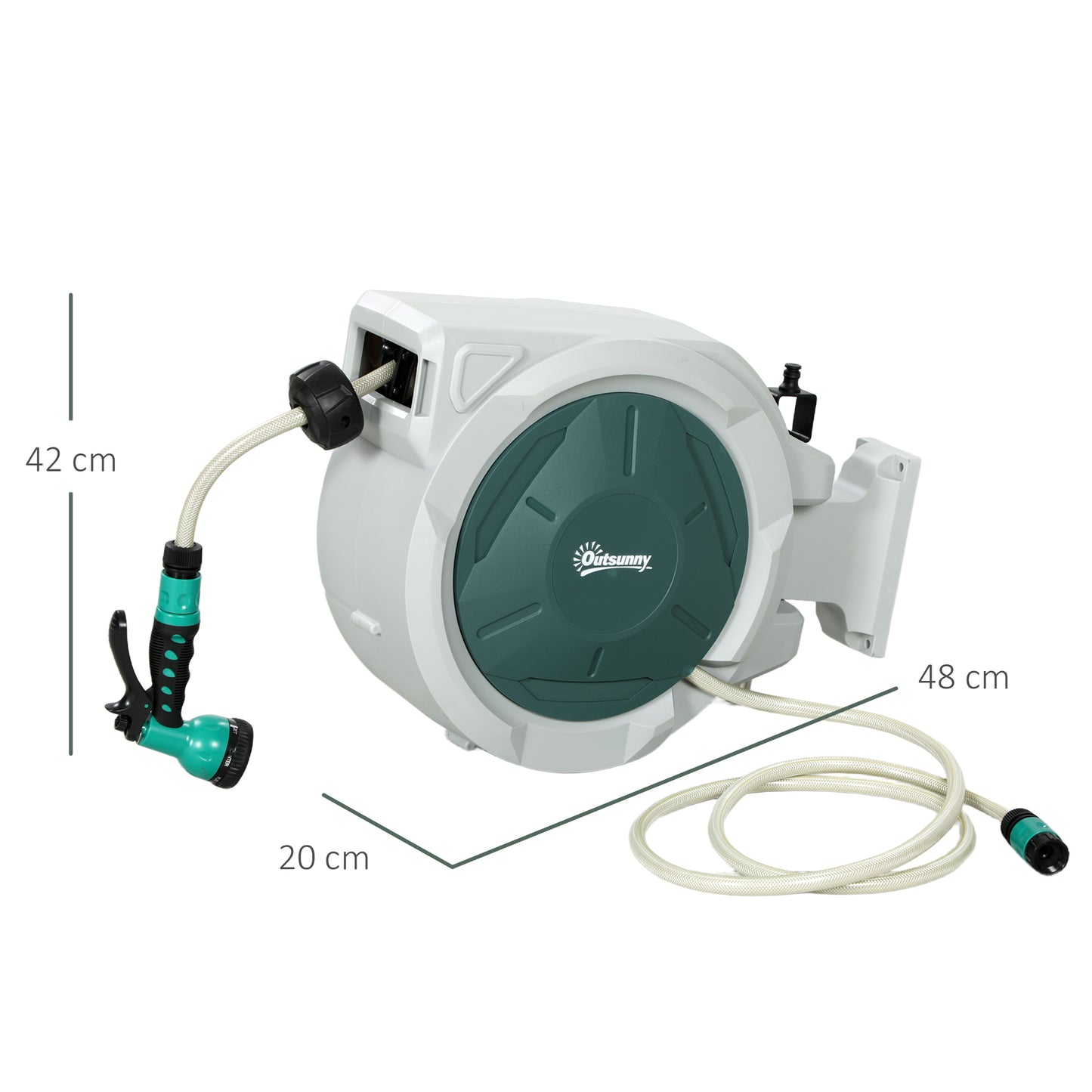 Outsunny Retractable Hose Reel Wall Mounted, 20+2m Garden Hose Pipe Reel with Lock, Auto Rewind, 7 in 1 Spray Nozzle, Includes Wall Fixings, 180Â° Swivel, Outdoor Watering, Light Grey