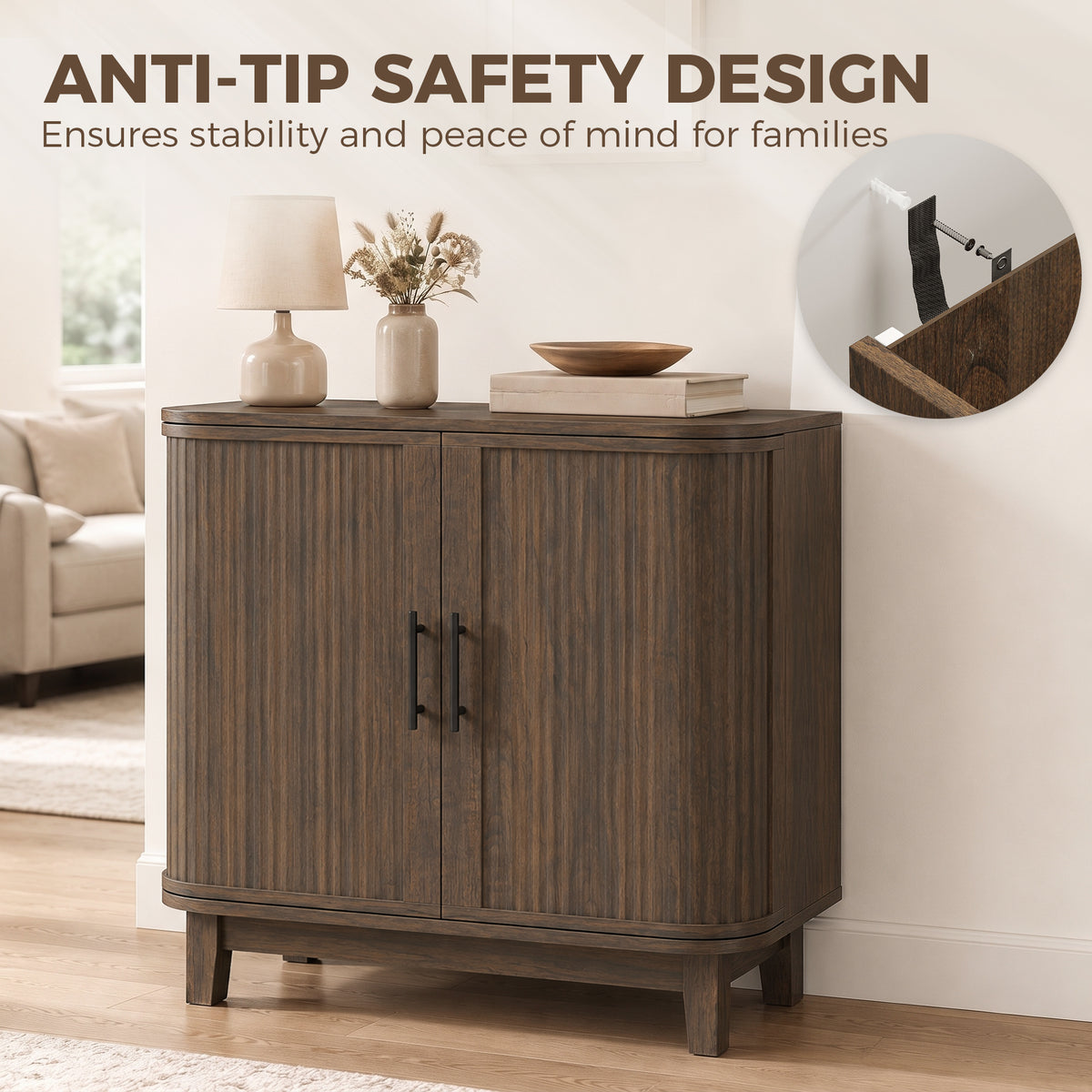 HOMCOM Sideboard Buffet Cabinet, Storage Cabinet with 2 Curved Doors, Adjustable Shelf and Legs for Dining Room, Dark Walnut