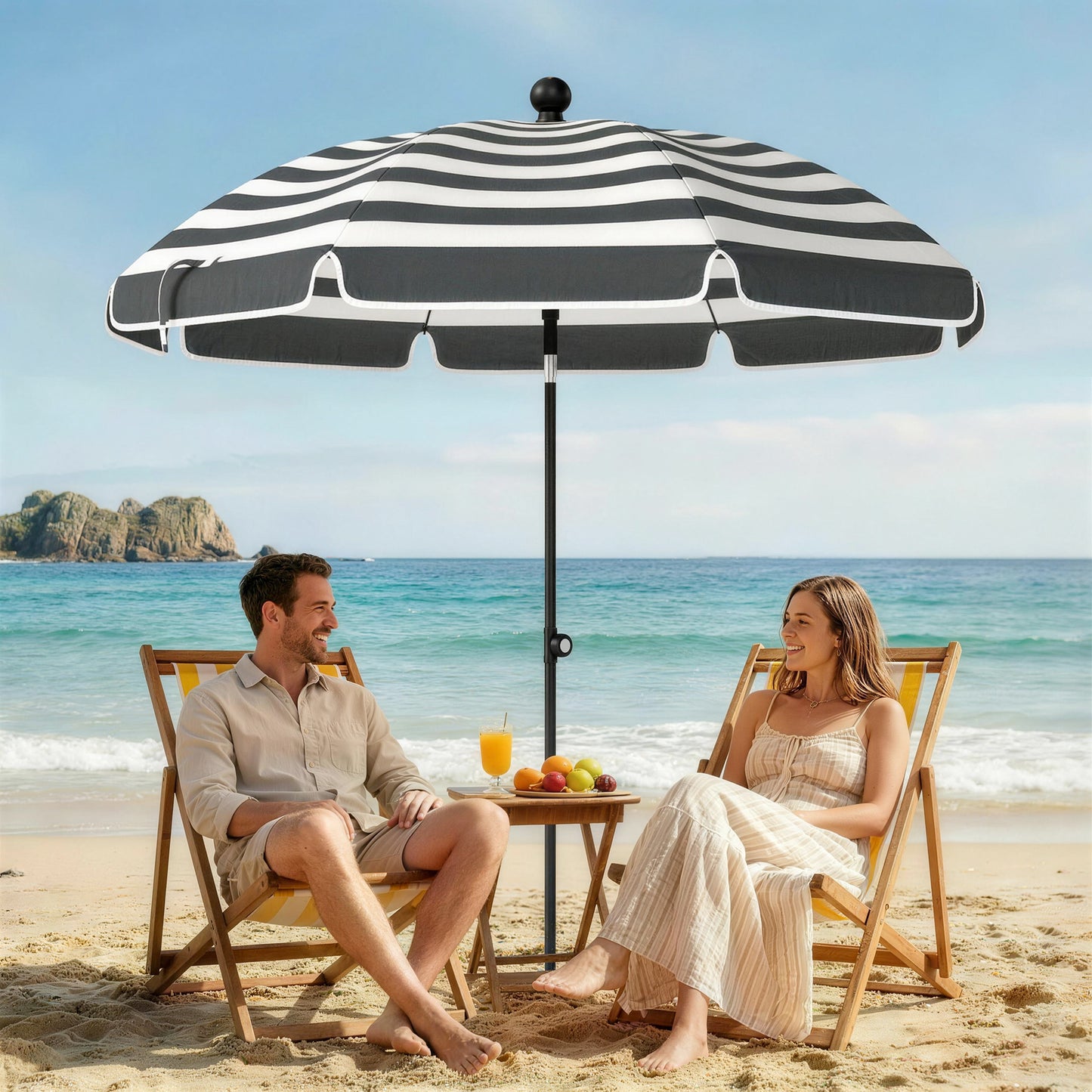 Outsunny 1.8 m Beach Umbrella Parasol with Sand Anchor, Portable 30Â° Tilting Patio Sun Shade with Adjustable Height, Grey/White