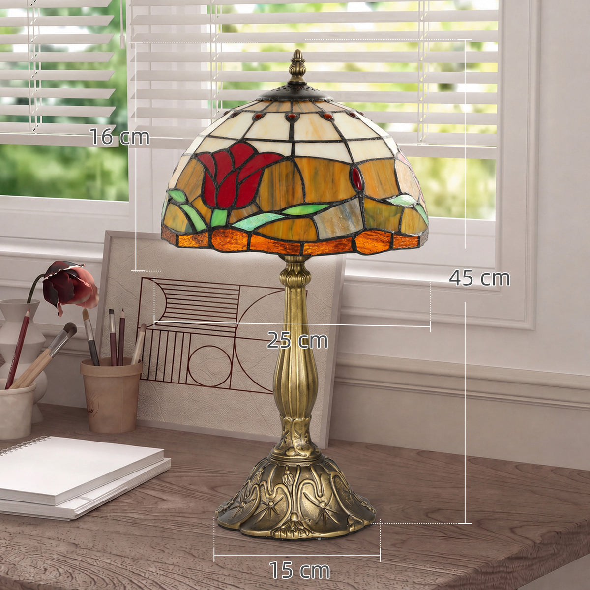 HOMCOM Tiffany Stained Glass Table Lamp, Handcrafted Artisan Lamp, Red, Ã˜25 x 45H cm, Zinc Alloy