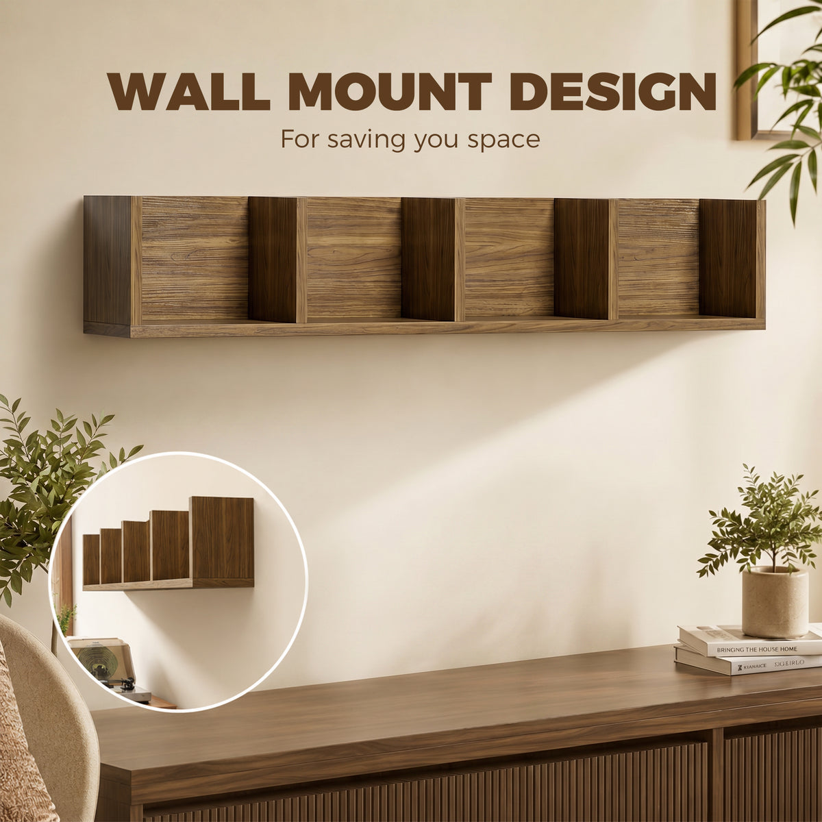 HOMCOM Wooden Shelf Organiser Unit, Wall Mounts Set of 2 84 CD / 56 DVD/Blu-ray/ Media Storage Racks 4 Cubes, Walnut Brown