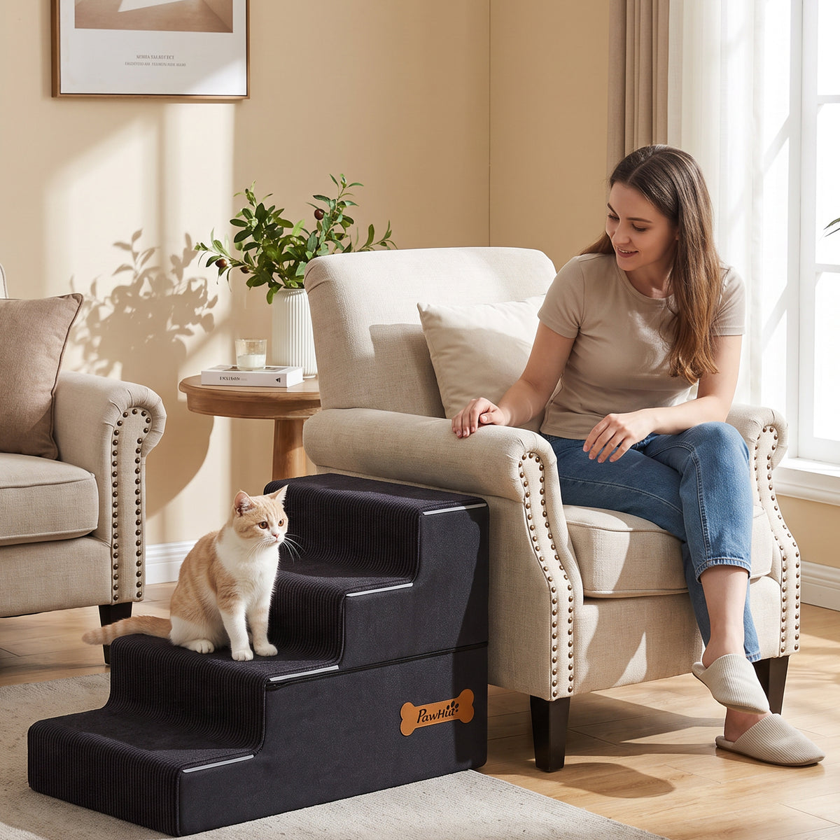 PawHut Dog Steps, 4-Step Dog Stairs for Bed and Sofa, Pet Stairs with Carry Handle, Washable Cover