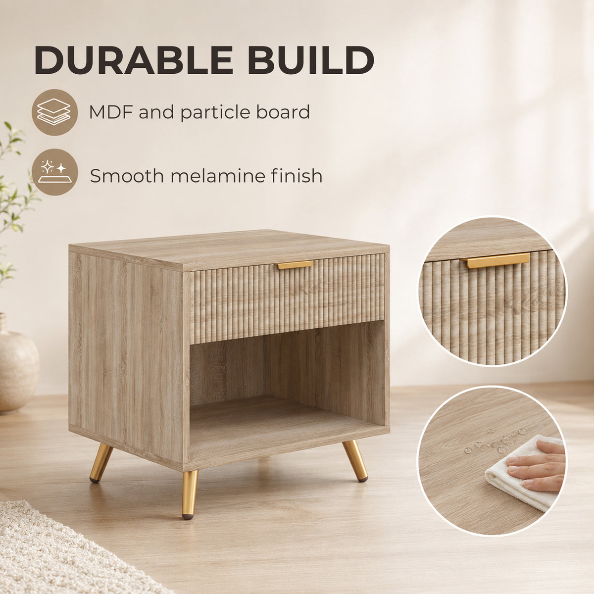 HOMCOM Bedside Table with Drawer and Open Compartment, Nightstand with Handle for Bedroom, Living Room, Natural Wood Finish