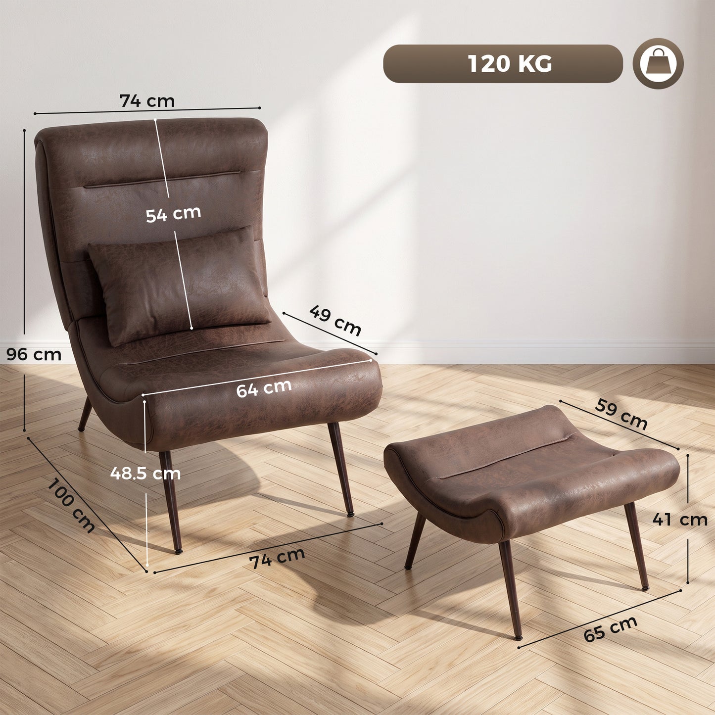 HOMCOM Modern Accent Chair with Footstool, Upholstered Lounge Chair with 64cm Wide Seat, Lumbar Pillow, Trapezoidal Backrest