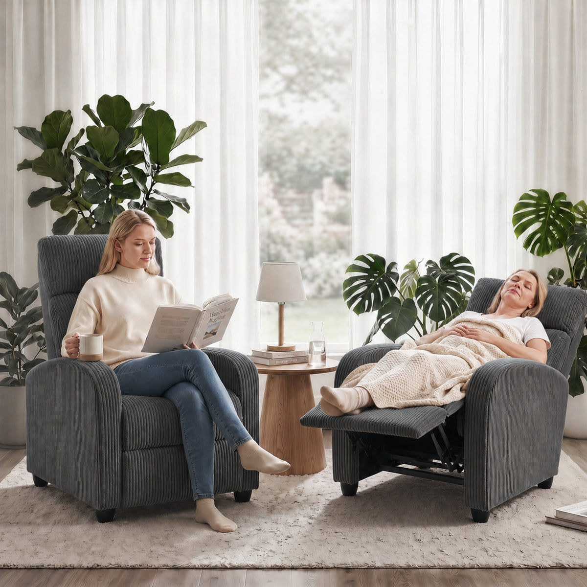 HOMCOM Recliner Armchair, Corduroy Push Back Reclining Chair with Thick Padding, Dark Grey