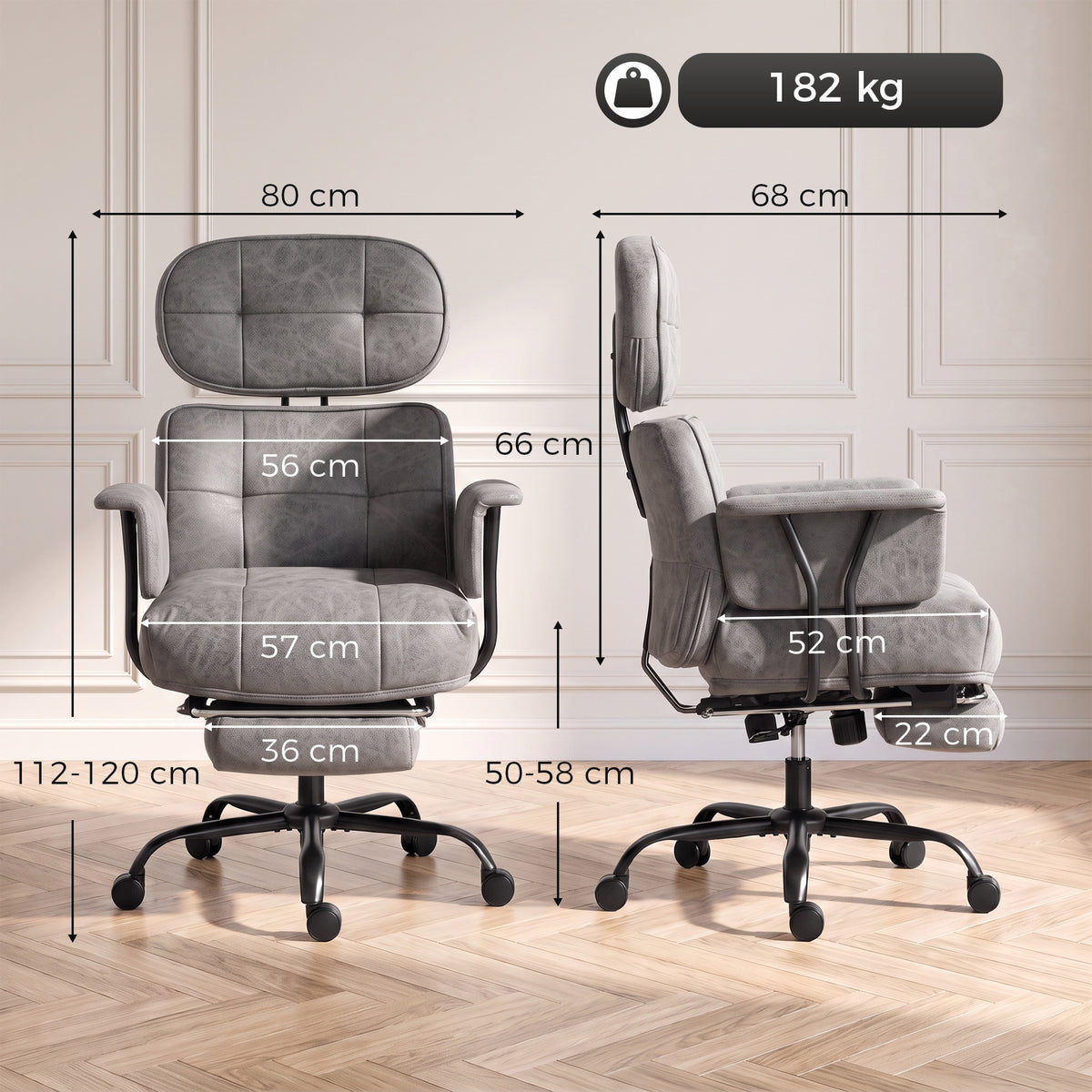 HOMCOM Office Chair, Big and Tall Desk Chair with Footrest, Wide Seat, Leathaire, Reclining Back, Swivel Wheels, Grey
