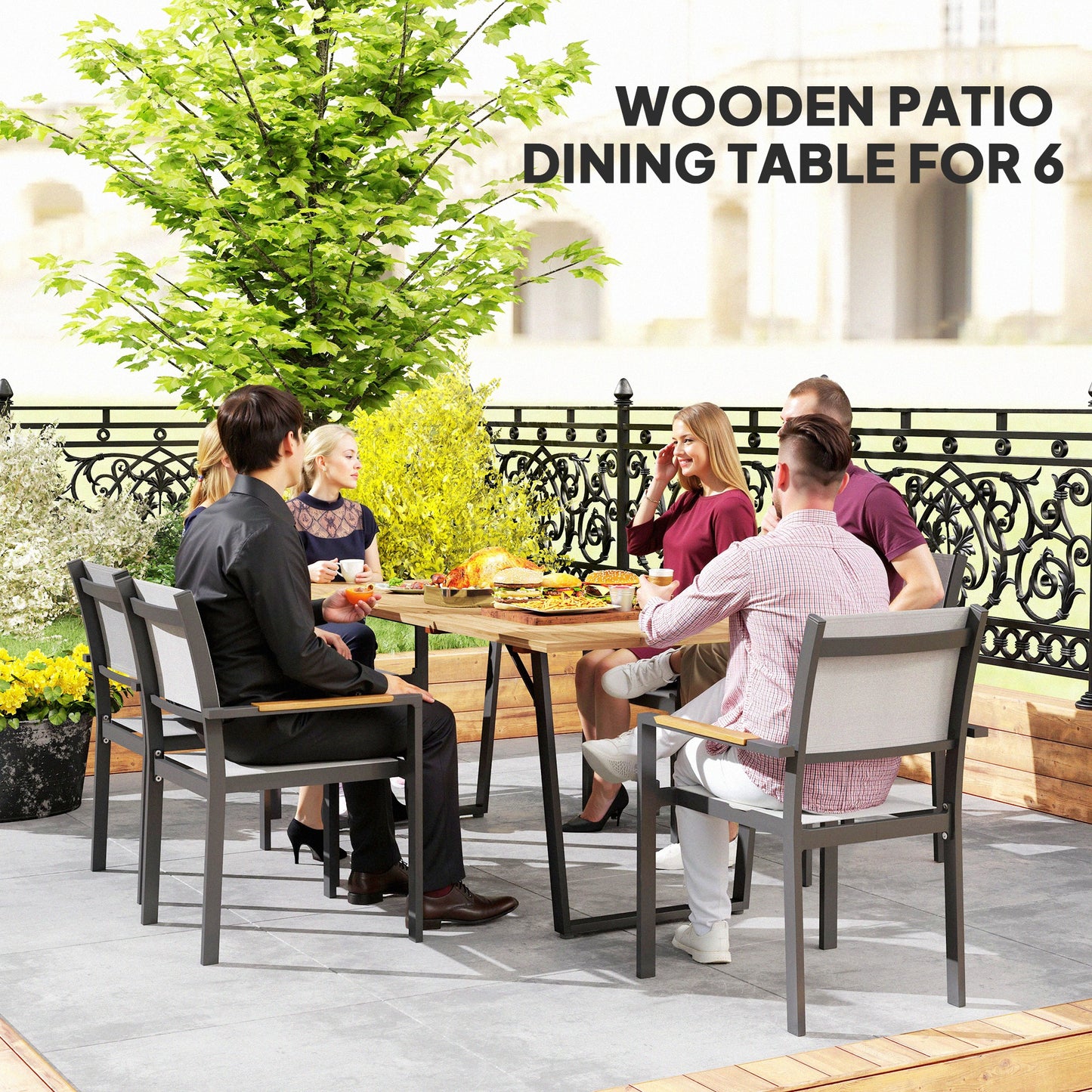 Outsunny 6 Seater Wooden Garden Dining Table, 175 x 80 cm Rectangular Outdoor Dining Table with 5cm Parasol Hole and Slatted Top, Weather Resistant for Patio, Terrace, Brown