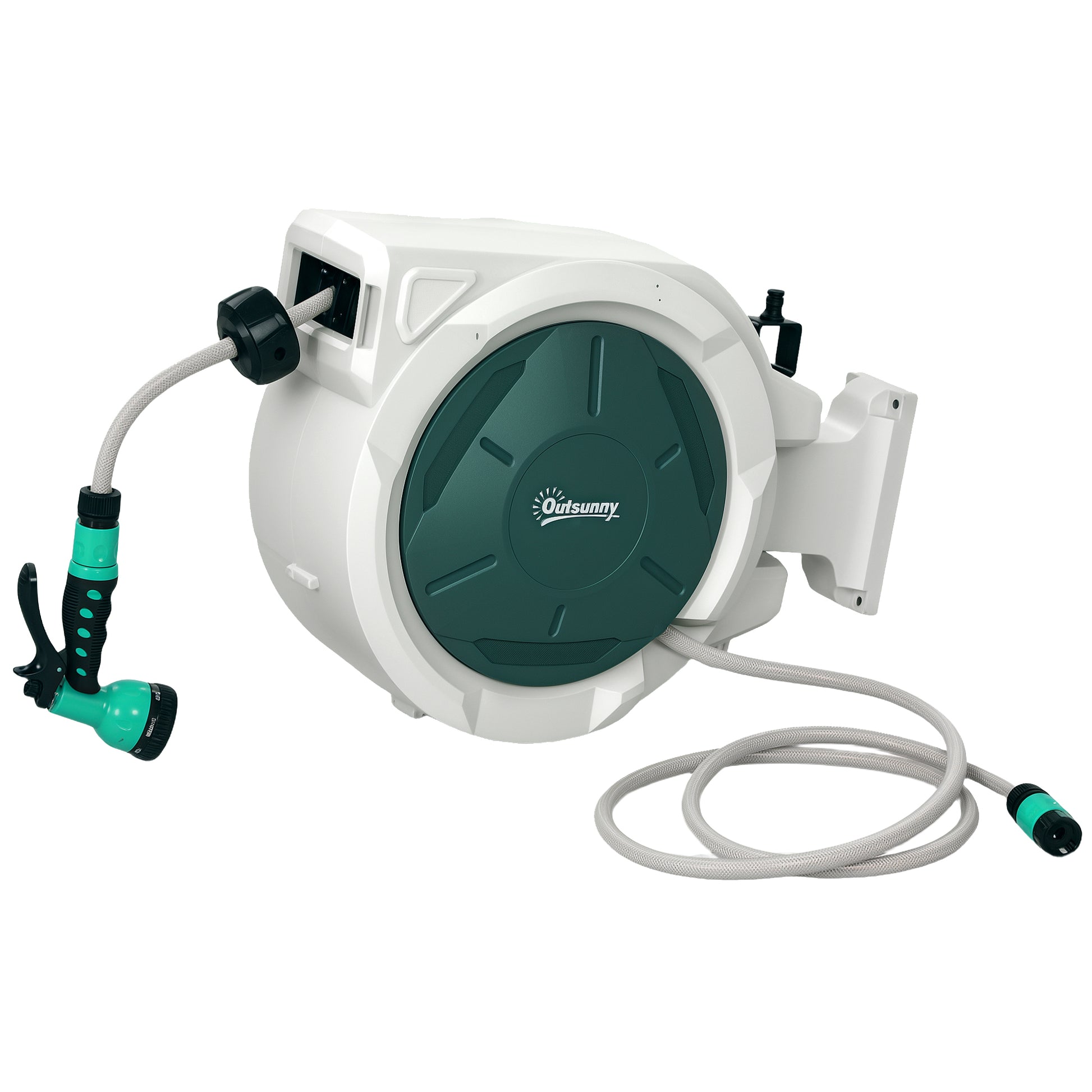 Outsunny Retractable Hose Reel Wall Mounted, 20+2m Garden Hose Pipe Reel with Lock, Auto Rewind, 7 in 1 Spray Nozzle, Includes Wall Fixings, 180Â° Swivel, Outdoor Watering, 54 x 20 x 39 cm, Light Grey