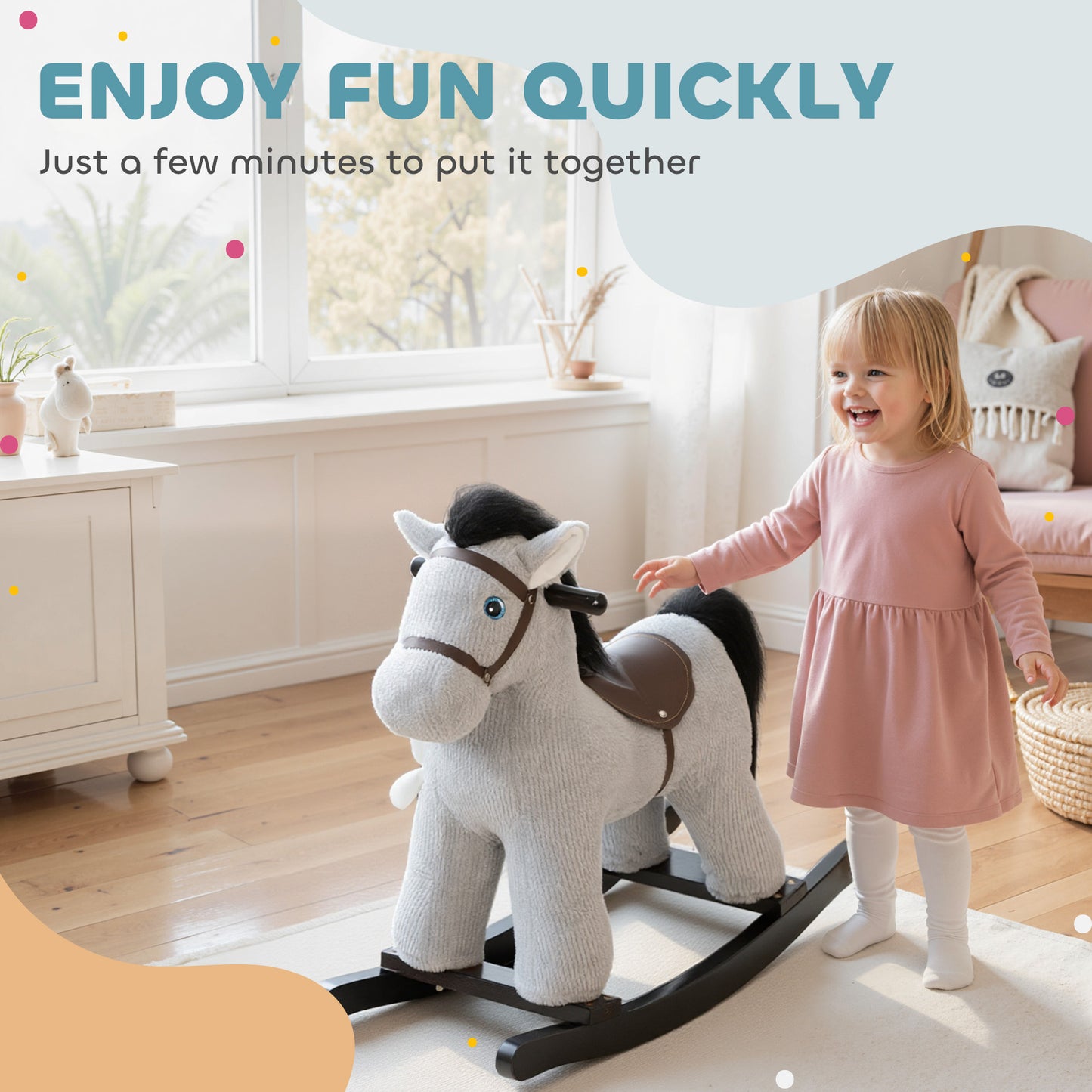AIYAPLAY Baby Rocking Horse, Plush Ride on Toy with Handle Grip, Sound and Doll, Toddler Animal Rocker for Kids Aged 2-5, Grey