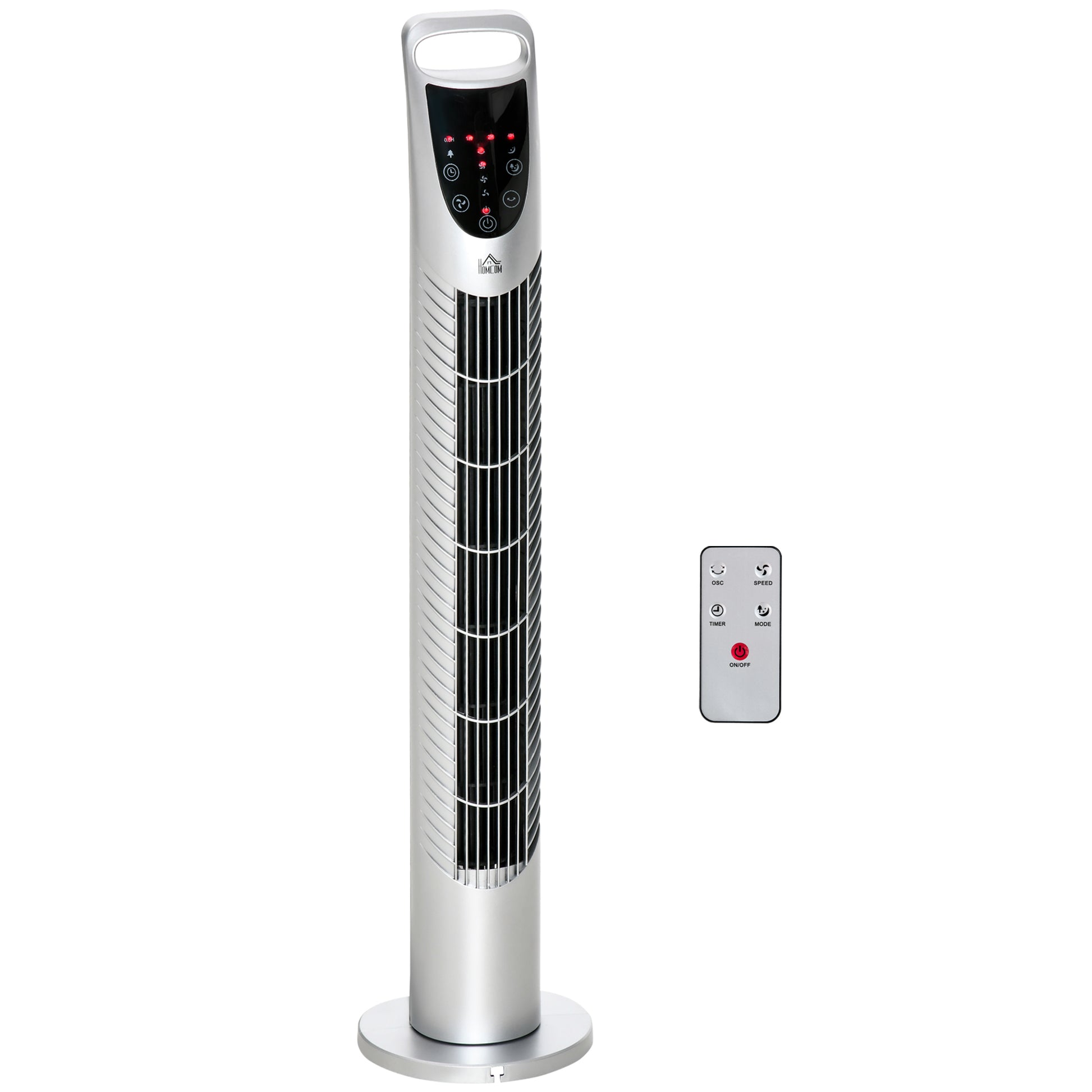HOMCOM 78.5 cm Oscillating Tower Fan with Remote Control, 7.5H Timer, 3 Speed 3 Modes, Electric Floor Standing Cooling Fan for Home Bedroom Office, Silver