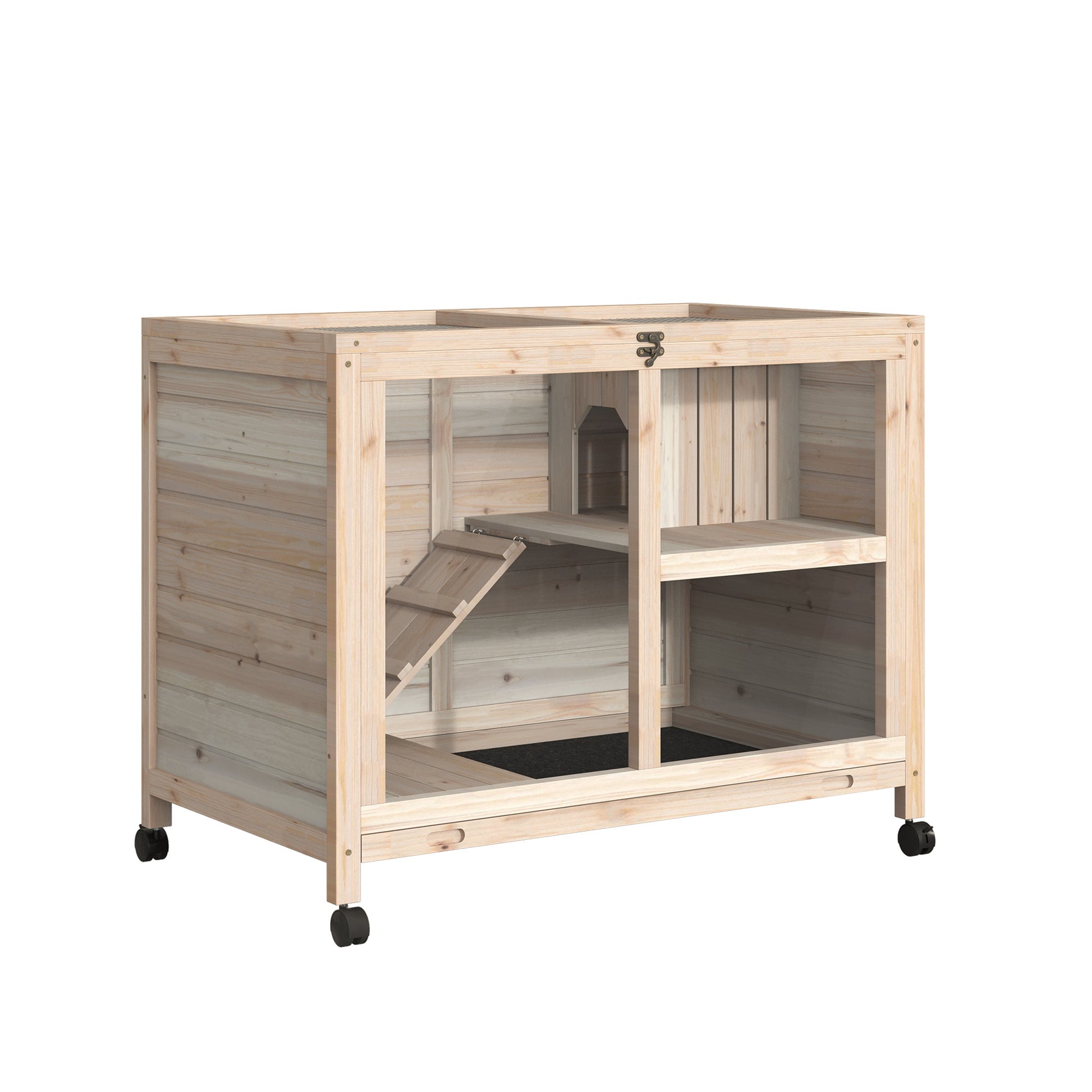 PawHut Rabbit Hutch Indoor with Wheels, Wooden Guinea Pig House Hamster Cage, 2 Layers Bunny Cage with Openable Roof, Transparent Panel, 91.5 x 53.3 x 73 cm, Natural