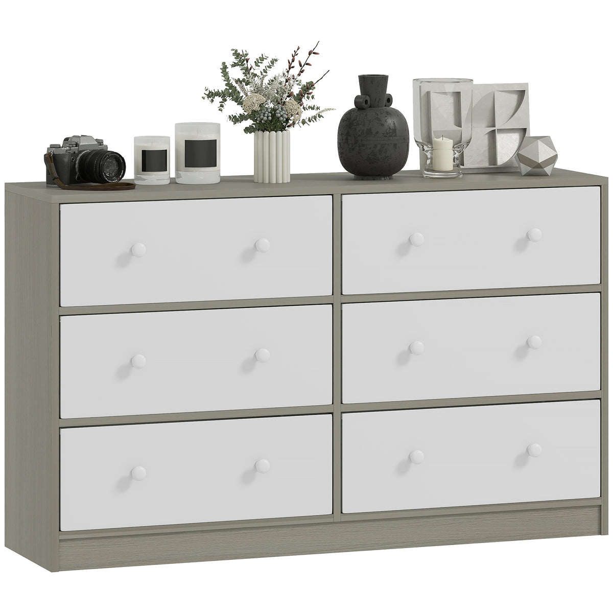 HOMCOM Chest of Drawers, Dresser with 6 Fabric Drawers - White and Grey